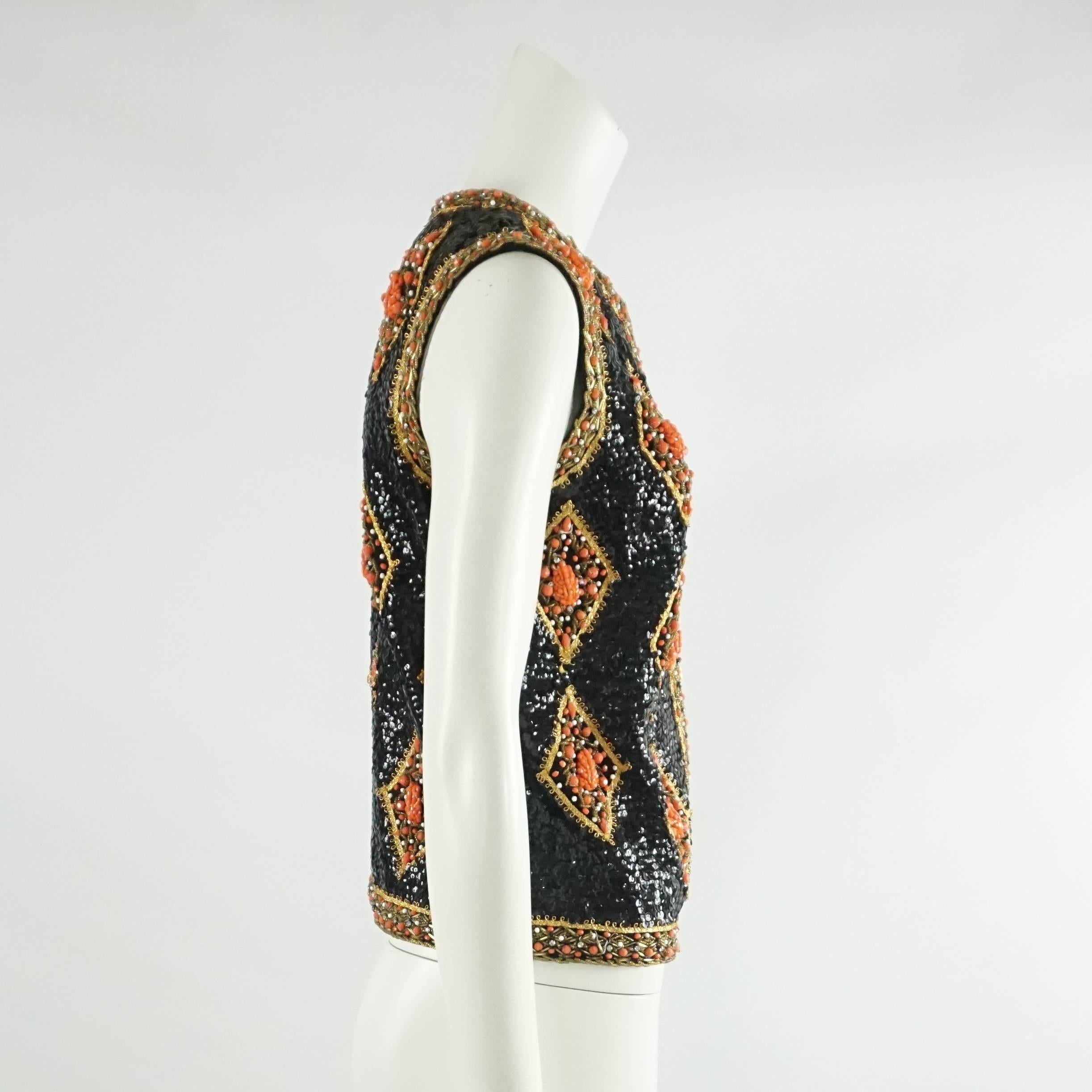 Saks Vintage Black, Orange, and Gold Fully Beaded Vest - M - 1960's  In Good Condition In West Palm Beach, FL