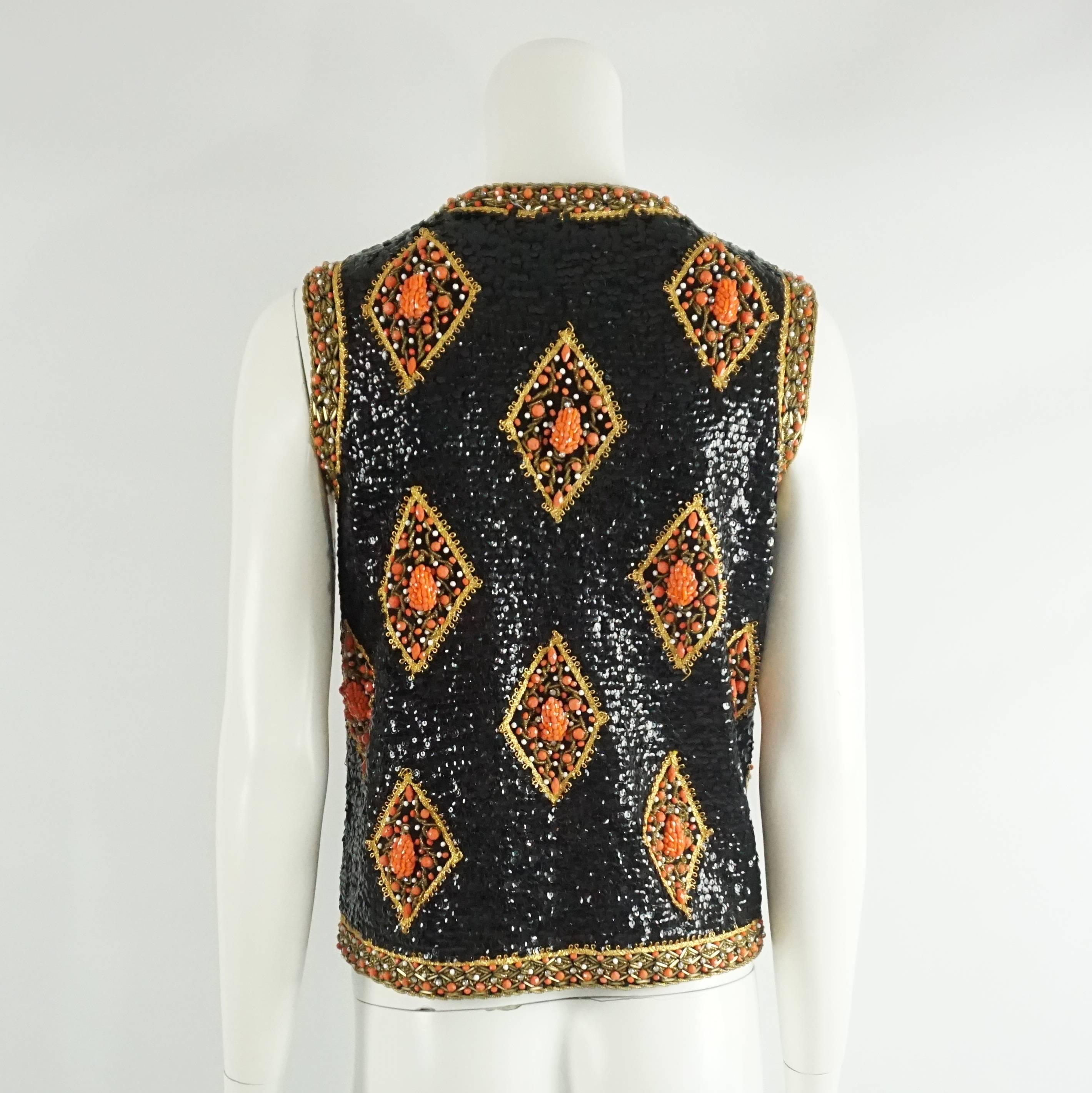 Women's or Men's Saks Vintage Black, Orange, and Gold Fully Beaded Vest - M - 1960's 