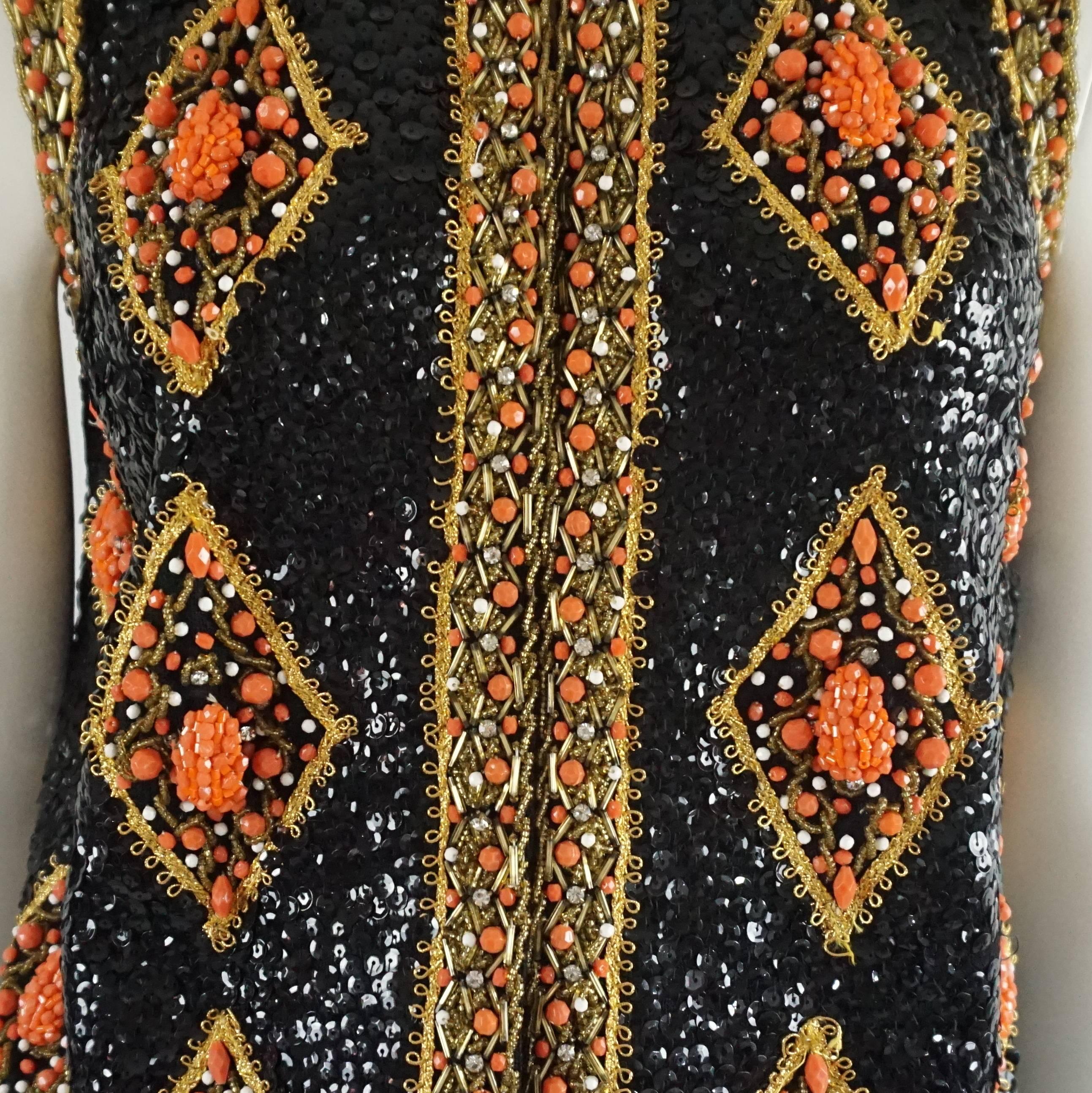 Saks Vintage Black, Orange, and Gold Fully Beaded Vest - M - 1960's  1