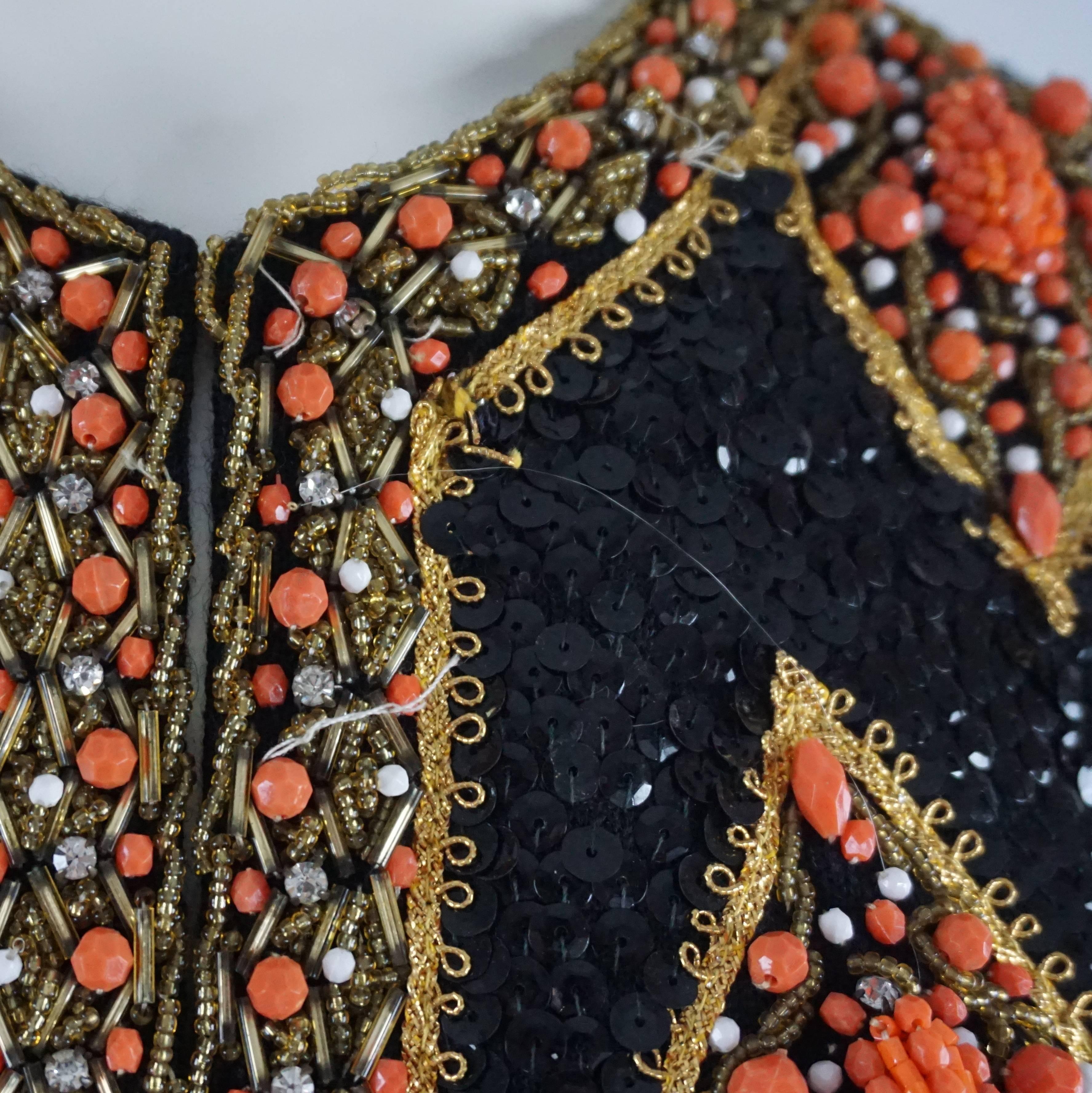 Saks Vintage Black, Orange, and Gold Fully Beaded Vest - M - 1960's  3