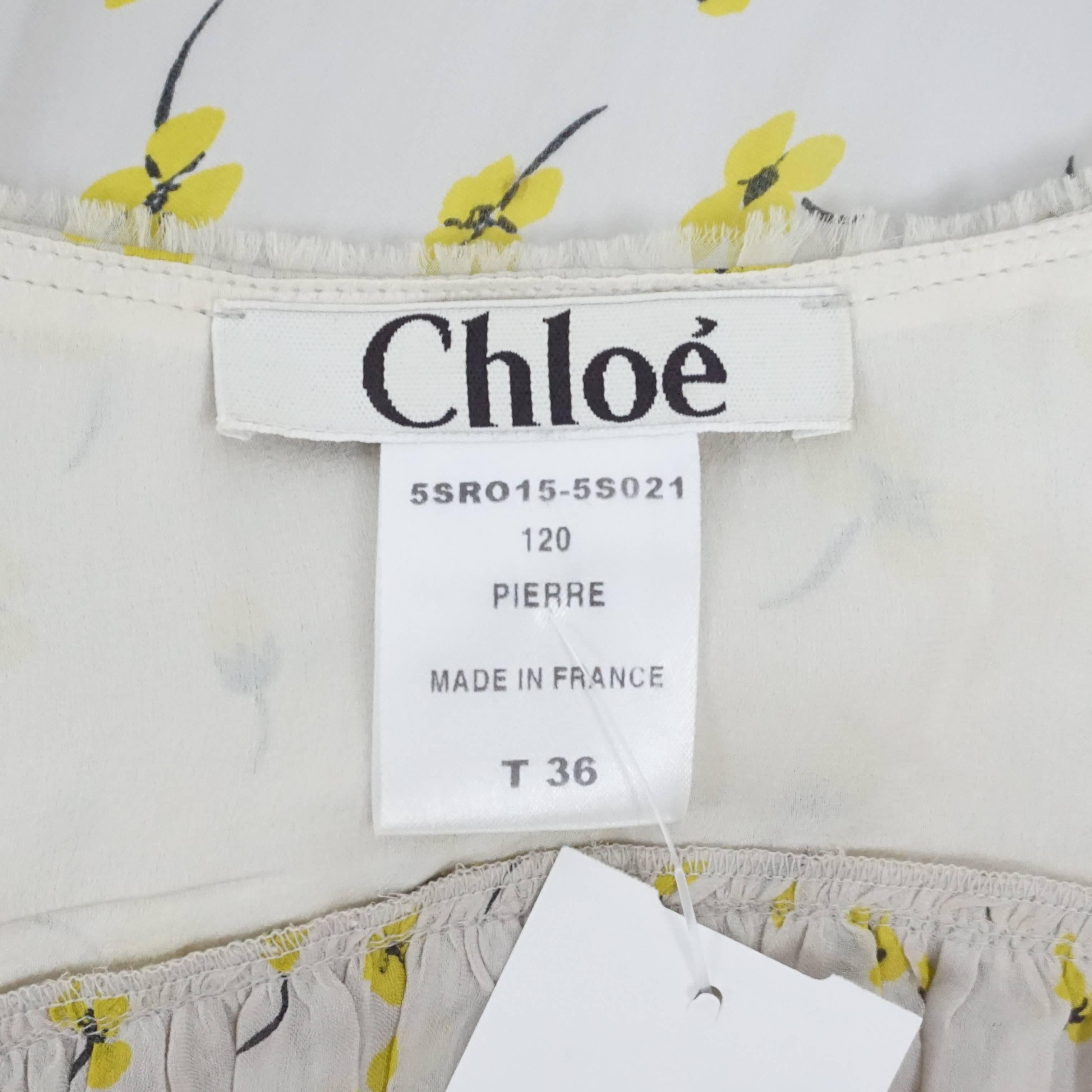 Chloe Cream and Yellow Floral Silk Dress - 36  In Fair Condition In West Palm Beach, FL