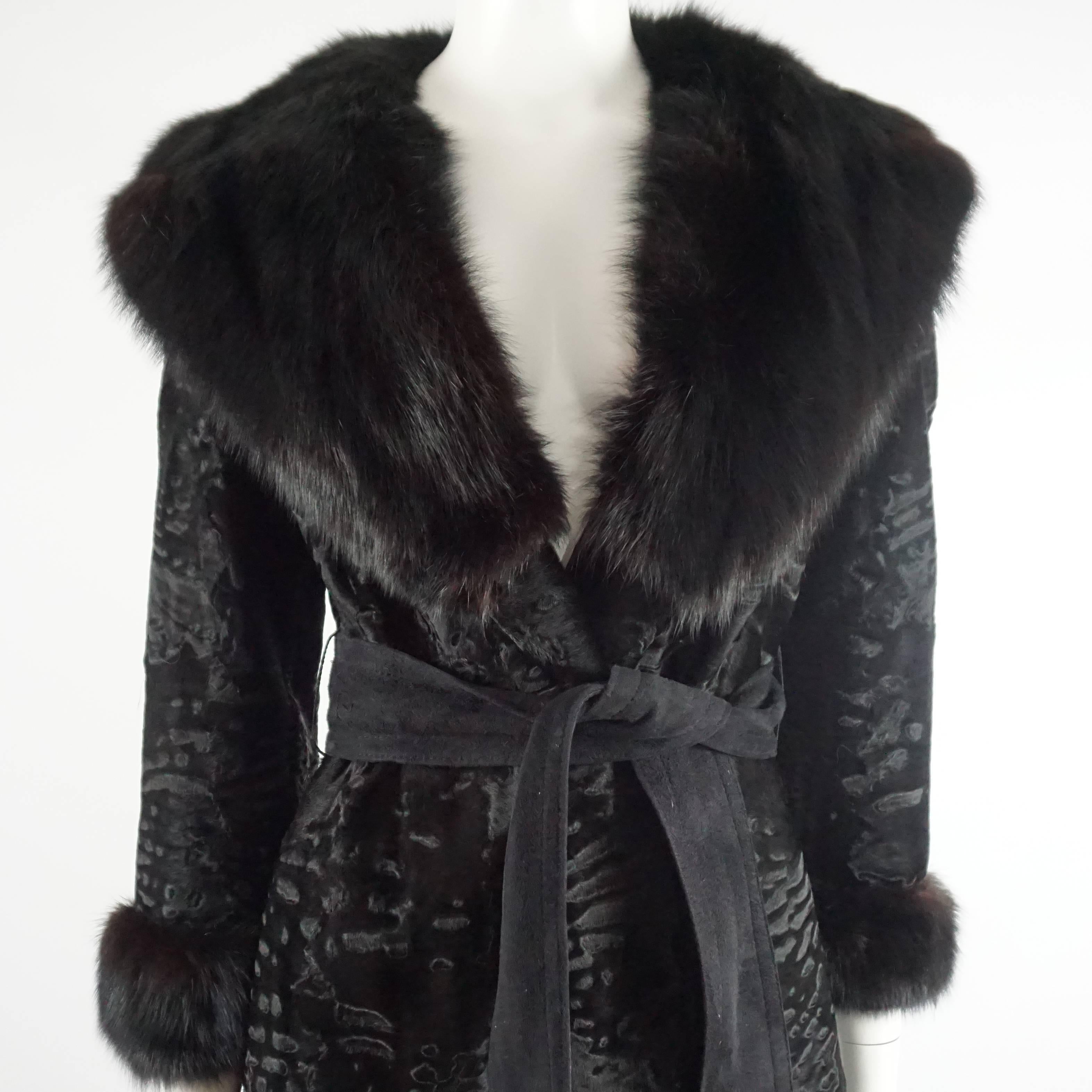 Birger Christensen Black Broadtail Coat with Large Fox Collar - M - Circa 90's In Excellent Condition In West Palm Beach, FL