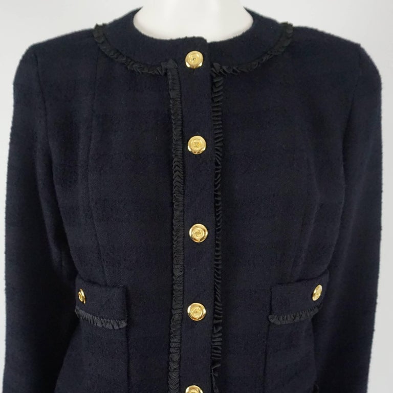 Chanel Navy Wool Classic Style Jacket with matching pleated skirt - 34 -  1990s at 1stDibs