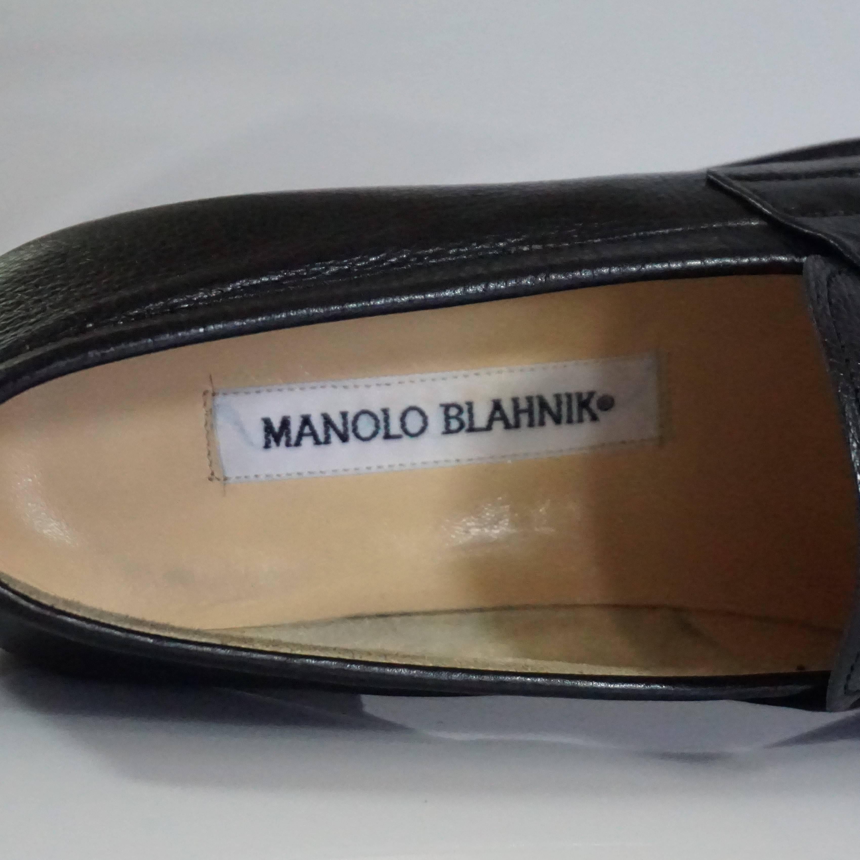 Manolo Blahnik Black Leather Penny Loafers -37.5 In Good Condition For Sale In West Palm Beach, FL