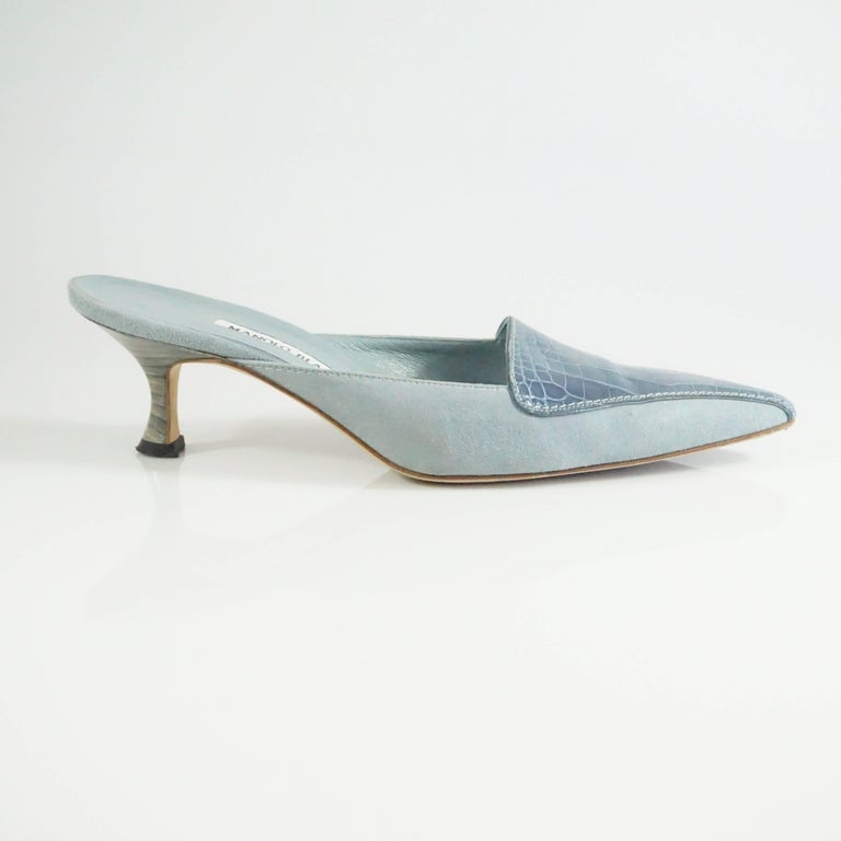 Manolo Blahnik Blue Crocodile and Suede Mules - 38.5 at 1stDibs