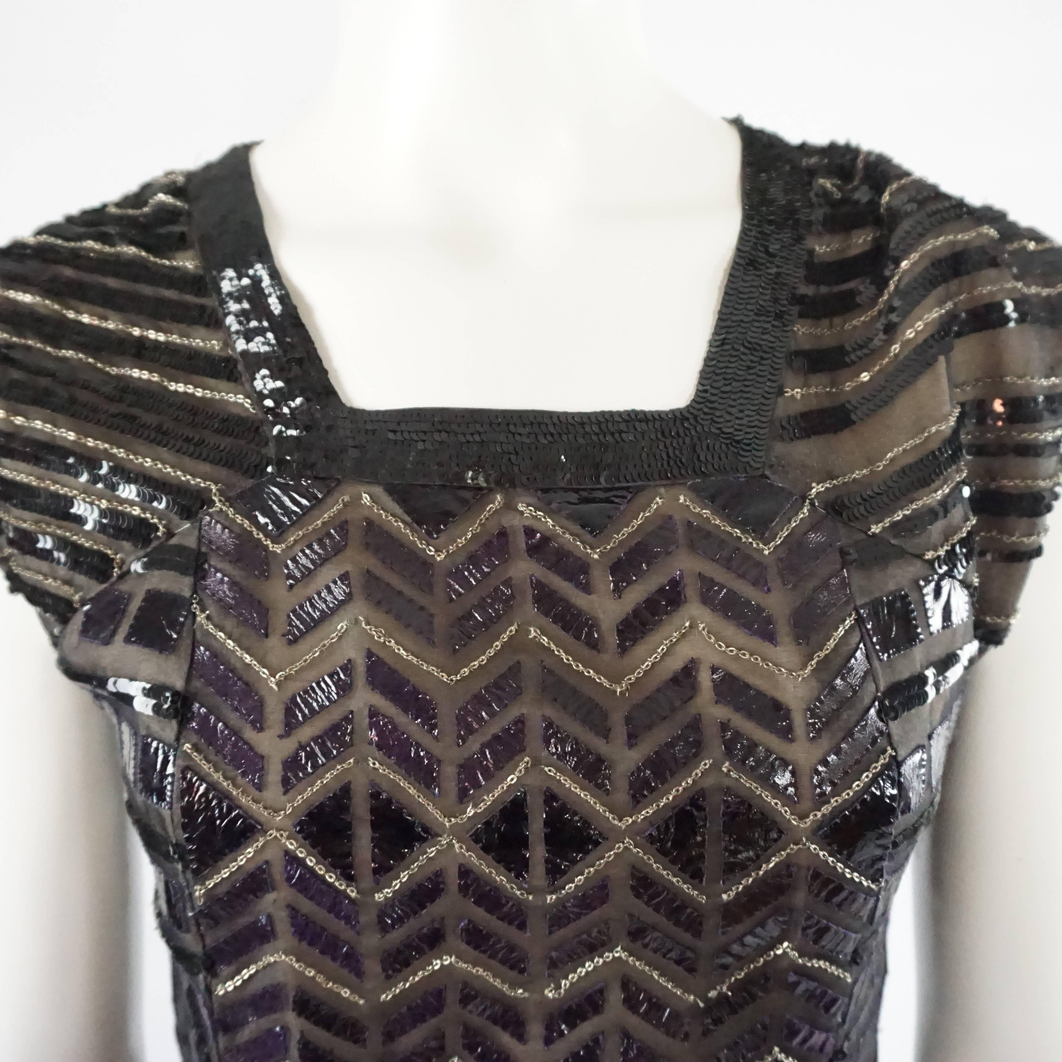 Oscar de la Renta Black and Brown Sequin and Leather Applique Dress - M In Excellent Condition For Sale In West Palm Beach, FL