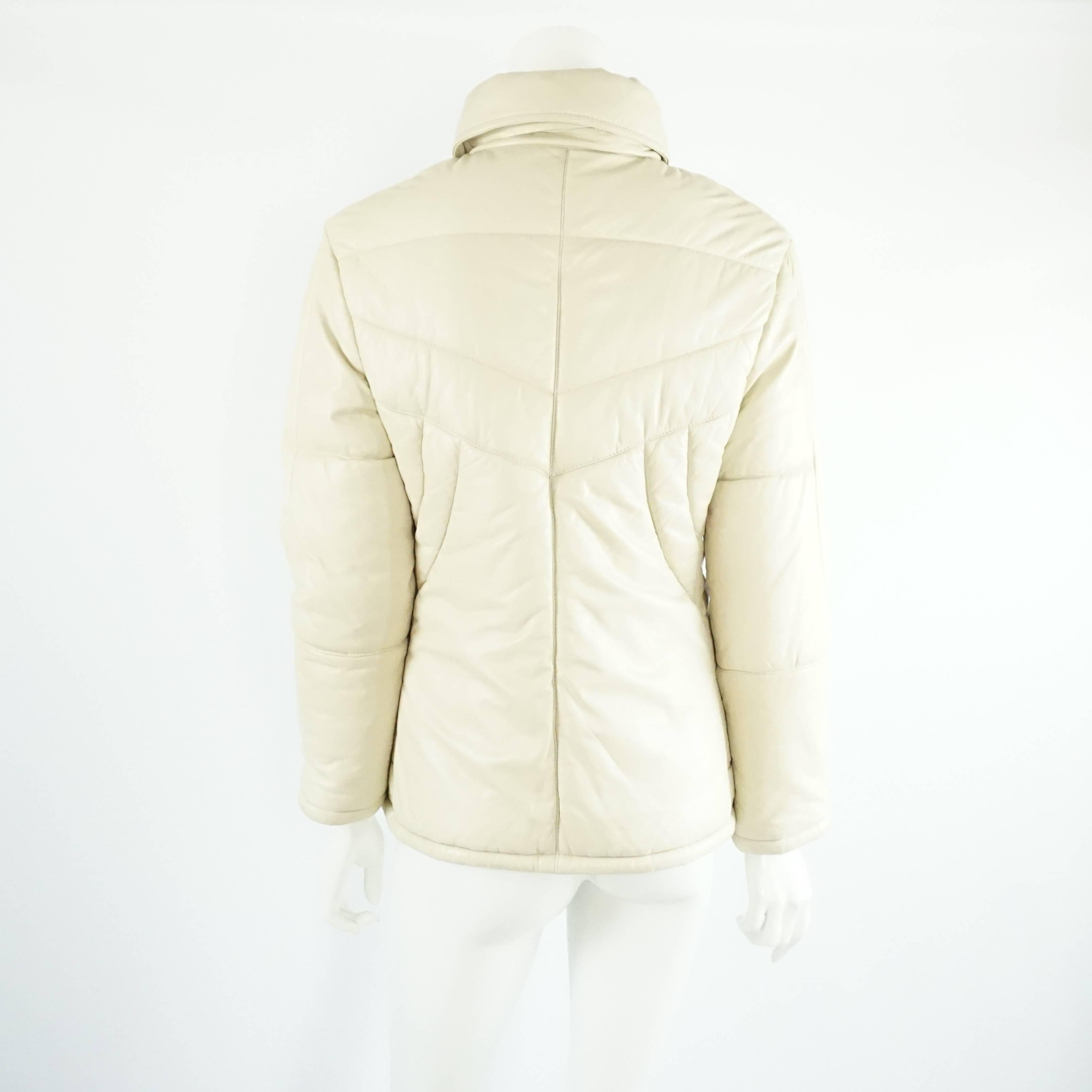 Beige Gucci Bone Leather Puffer Jacket with Hood - 46