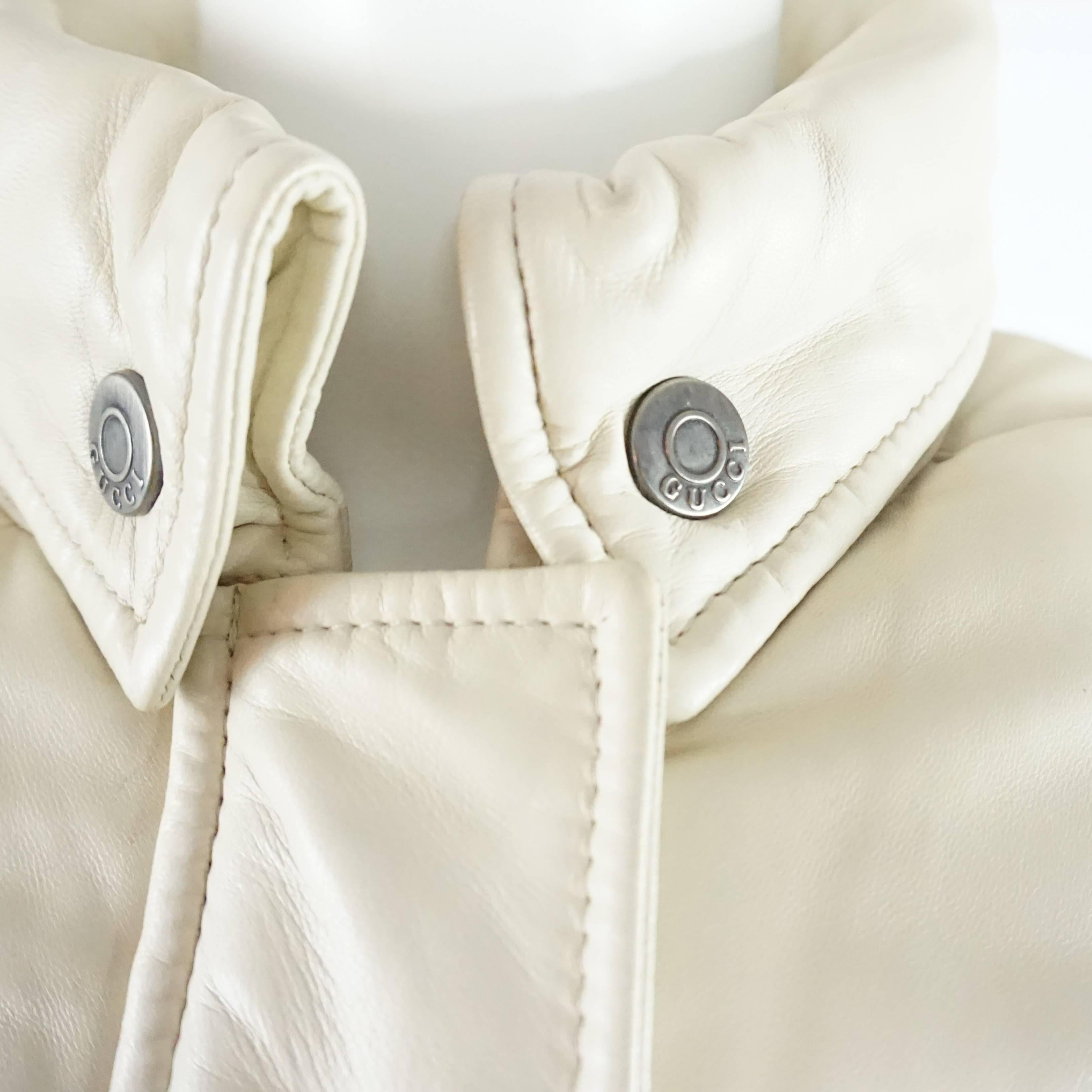 Women's Gucci Bone Leather Puffer Jacket with Hood - 46