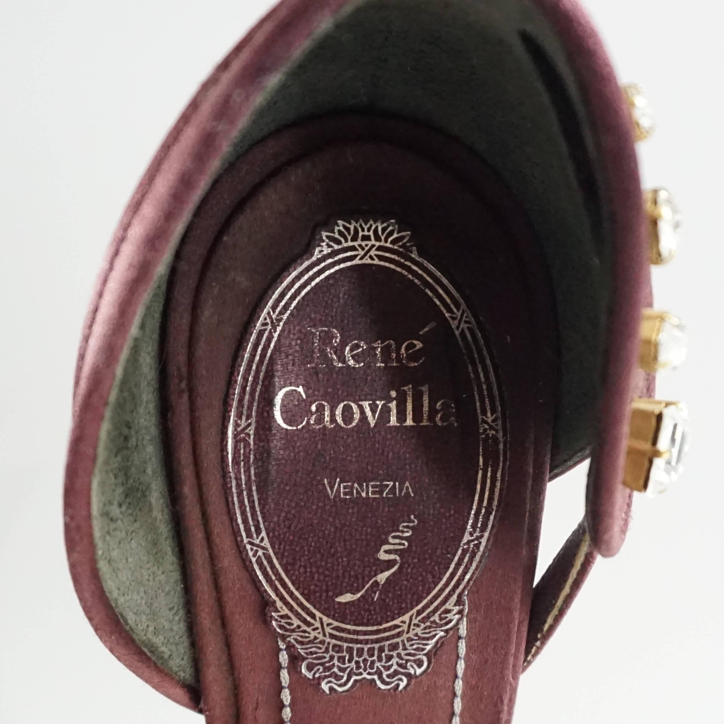 Rene Caovilla Eggplant Satin D'Orsay Heels with Rhinestones - 35.5  In Good Condition In West Palm Beach, FL