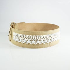 Oscar de la Renta Beige Leather and Canvas Wide Belt with white beading