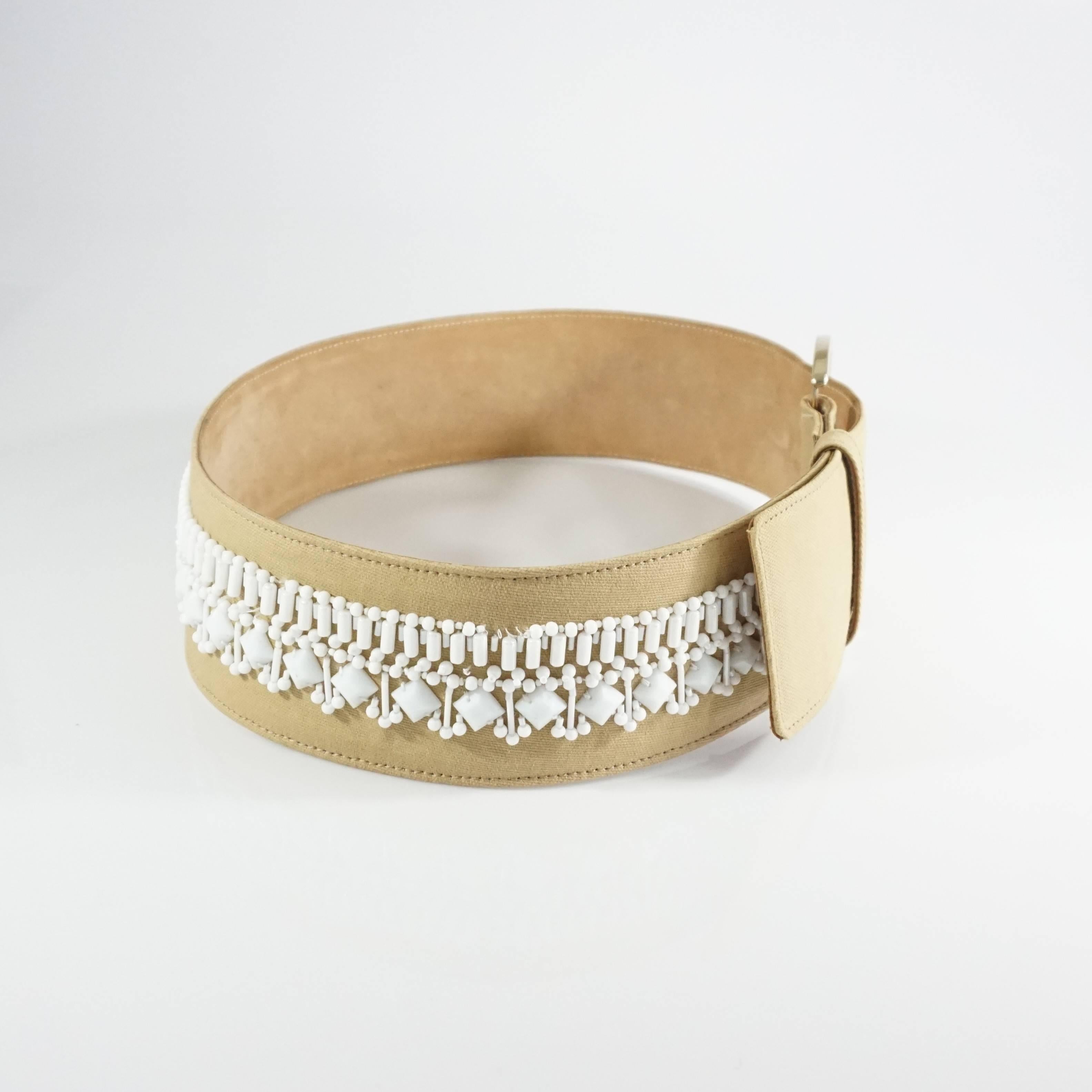 Brown Oscar de la Renta Beige Leather and Canvas Wide Belt with white beading For Sale