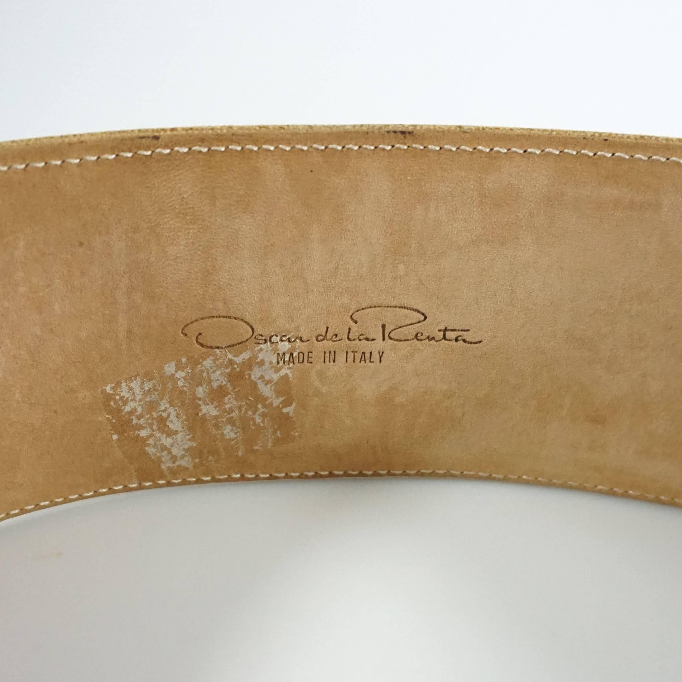 Oscar de la Renta Beige Leather and Canvas Wide Belt with white beading In Excellent Condition For Sale In West Palm Beach, FL