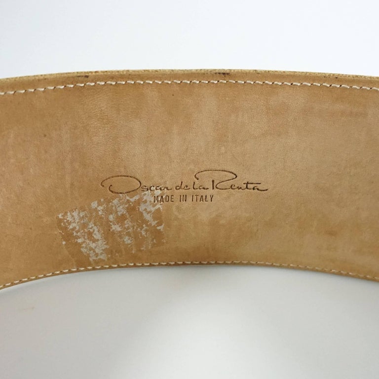 Oscar de la Renta Beige Leather and Canvas Wide Belt with white beading ...