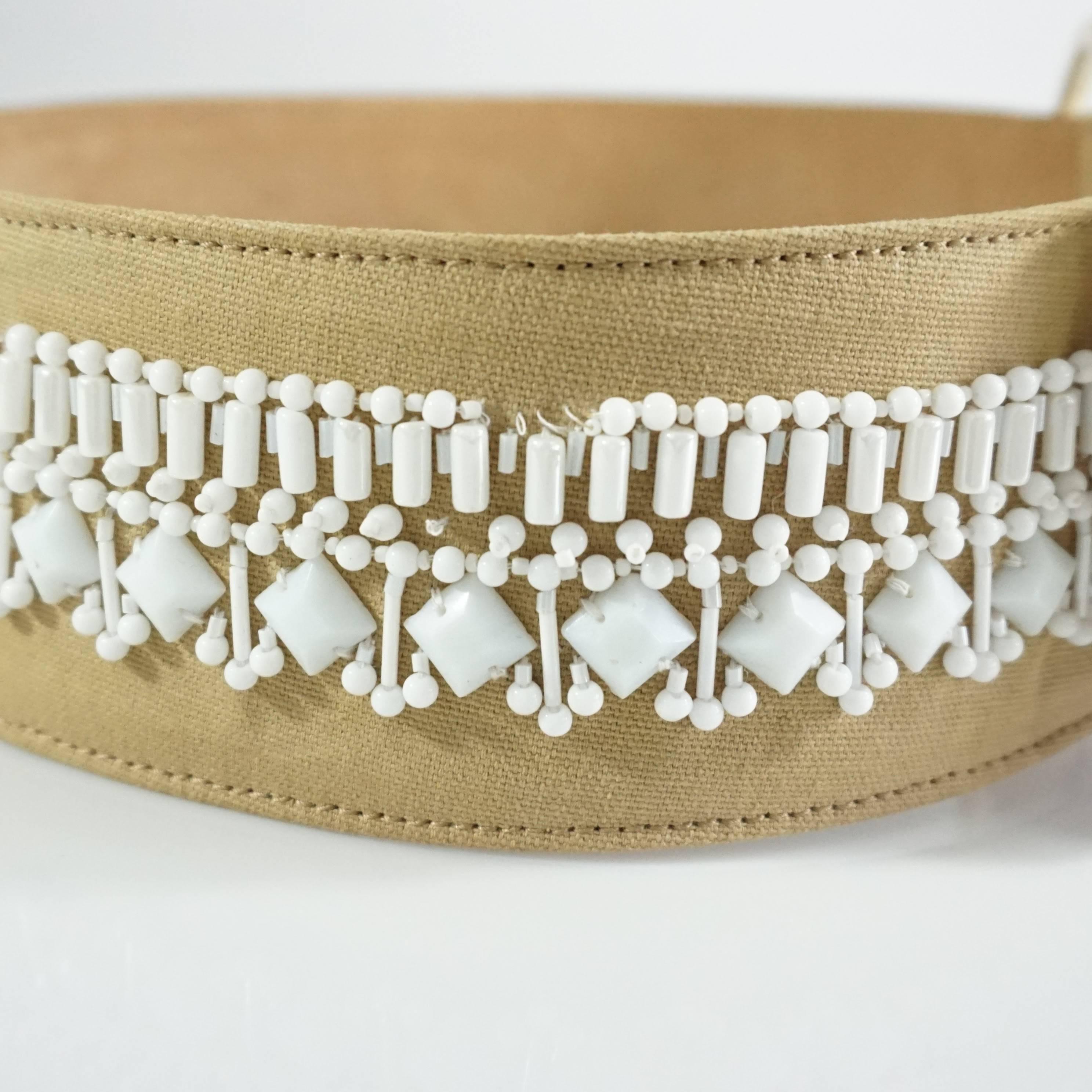 Women's Oscar de la Renta Beige Leather and Canvas Wide Belt with white beading For Sale
