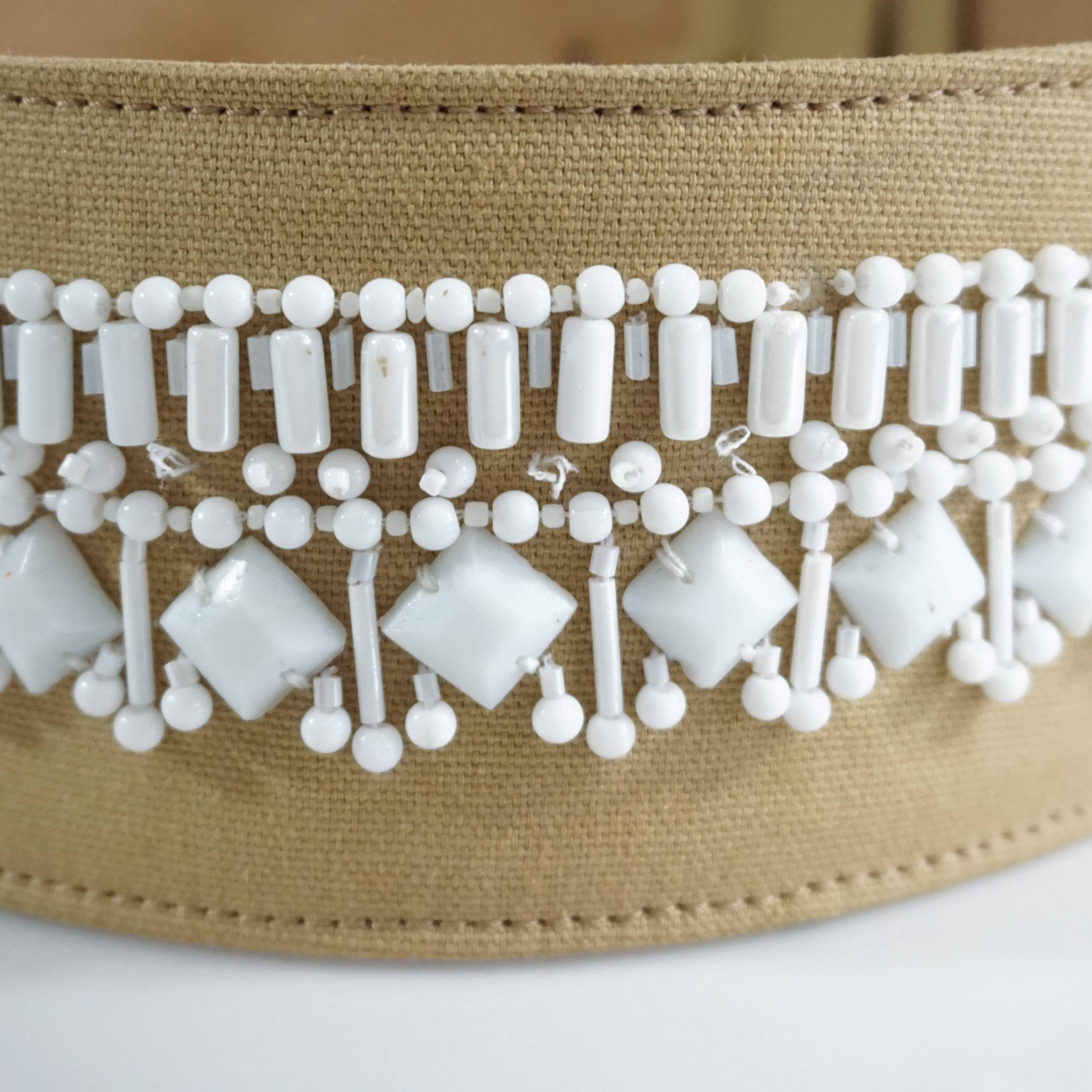 Oscar de la Renta Beige Leather and Canvas Wide Belt with white beading For Sale 1
