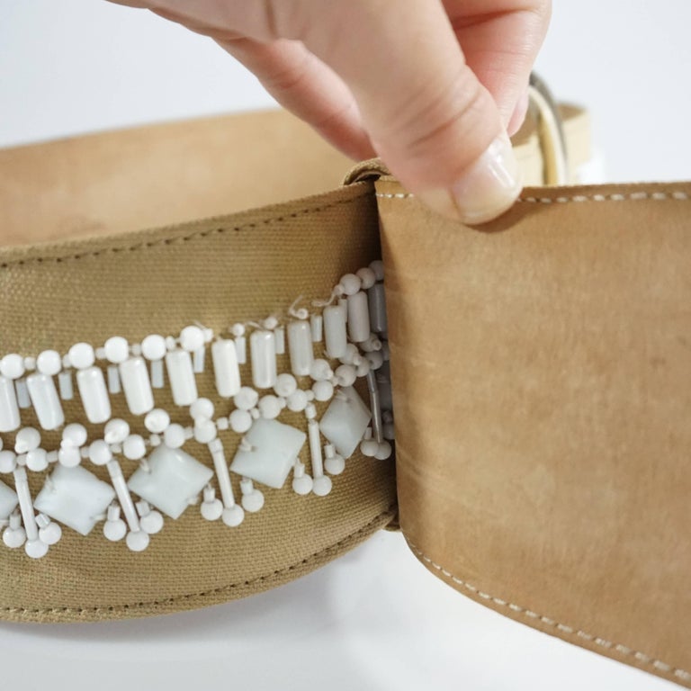 Oscar de la Renta Beige Leather and Canvas Wide Belt with  display picture 1