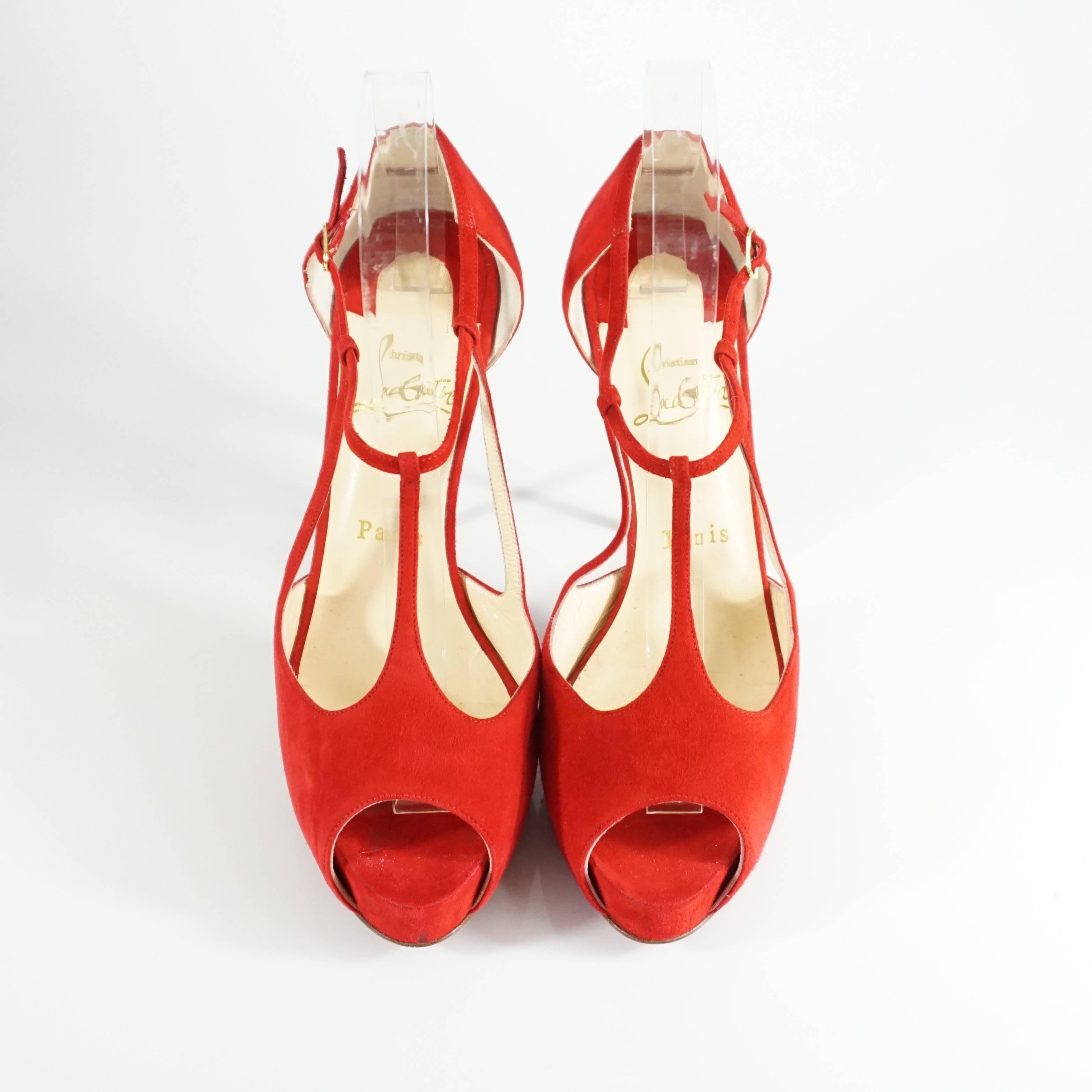 Christian Louboutin Red Suede Strappy Heels - 38 In Excellent Condition In West Palm Beach, FL