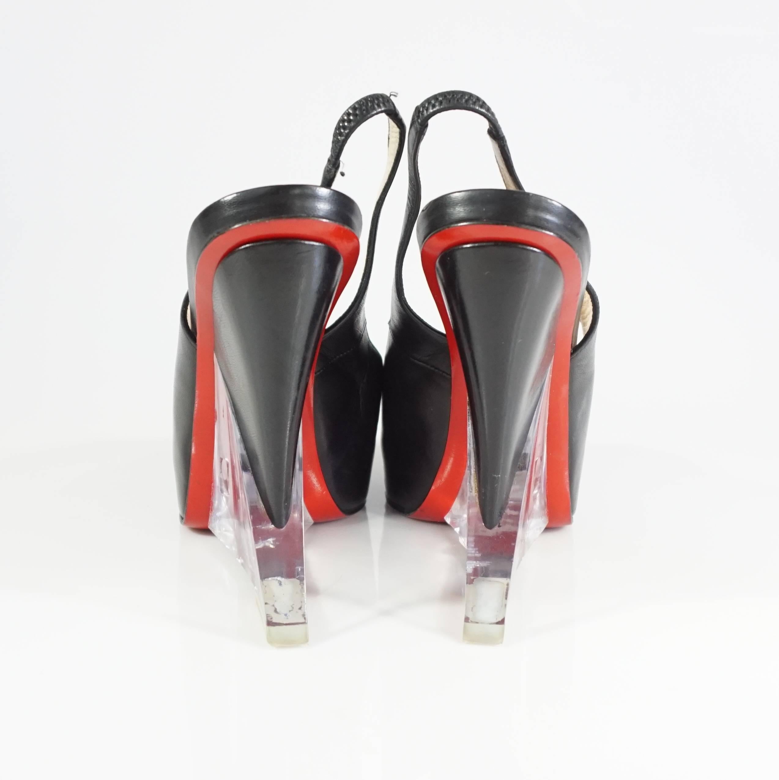 Women's Christian Louboutin Black Leather and Lucite Slingback Peeptoe Platform, 37.5 For Sale