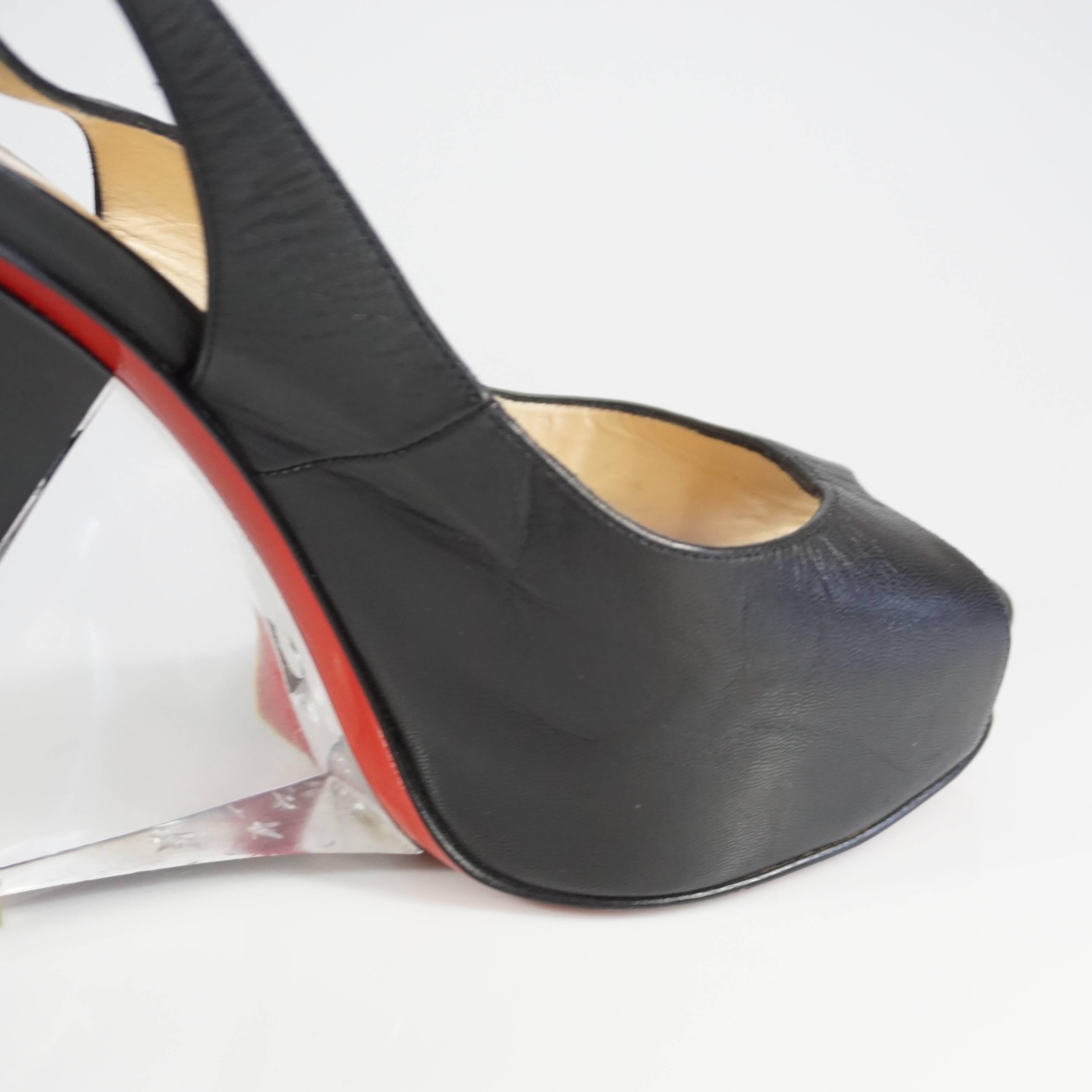 Christian Louboutin Black Leather and Lucite Slingback Peeptoe Platform, 37.5 For Sale 3