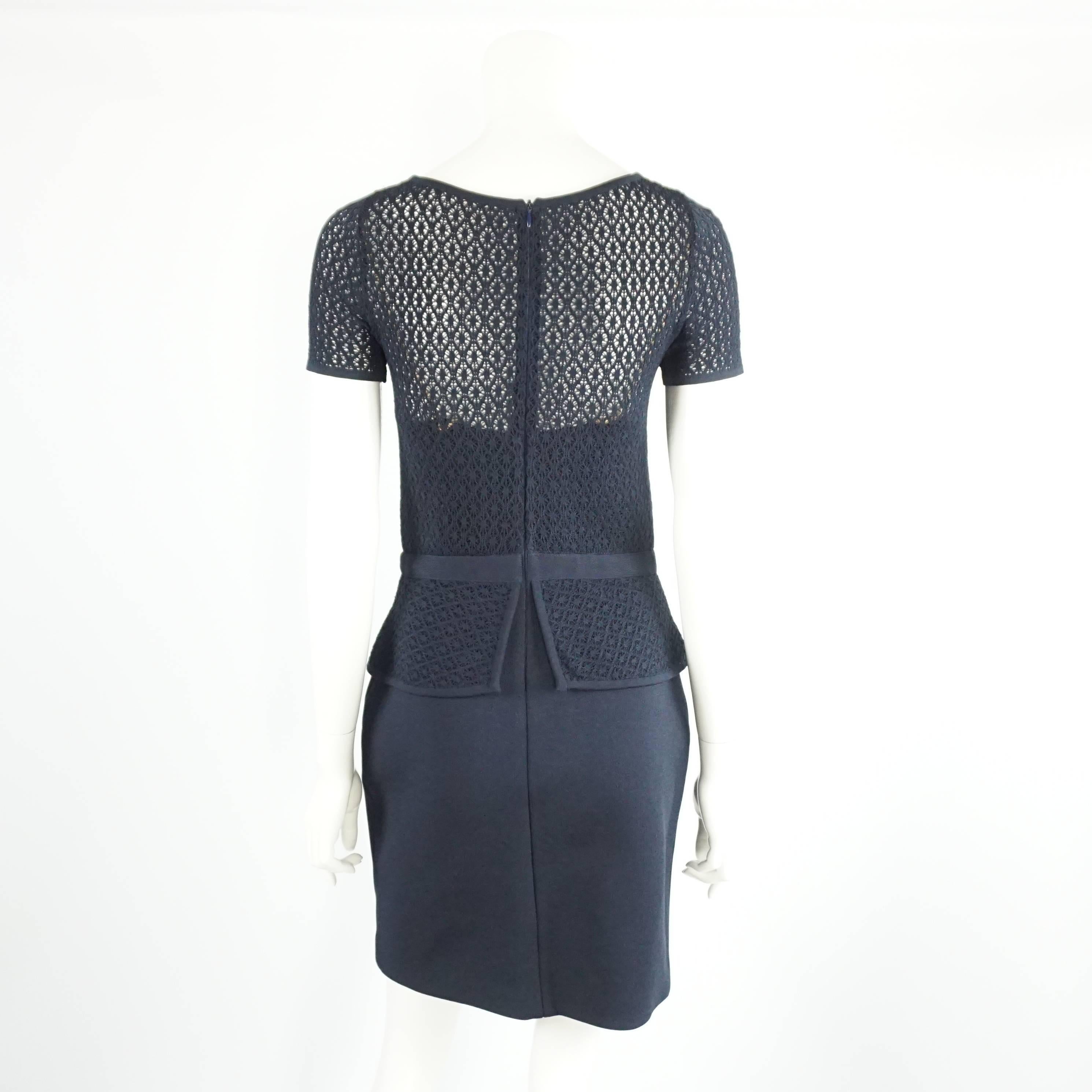 Black Oscar de la Renta Navy Knit Short Sleeve Dress - L