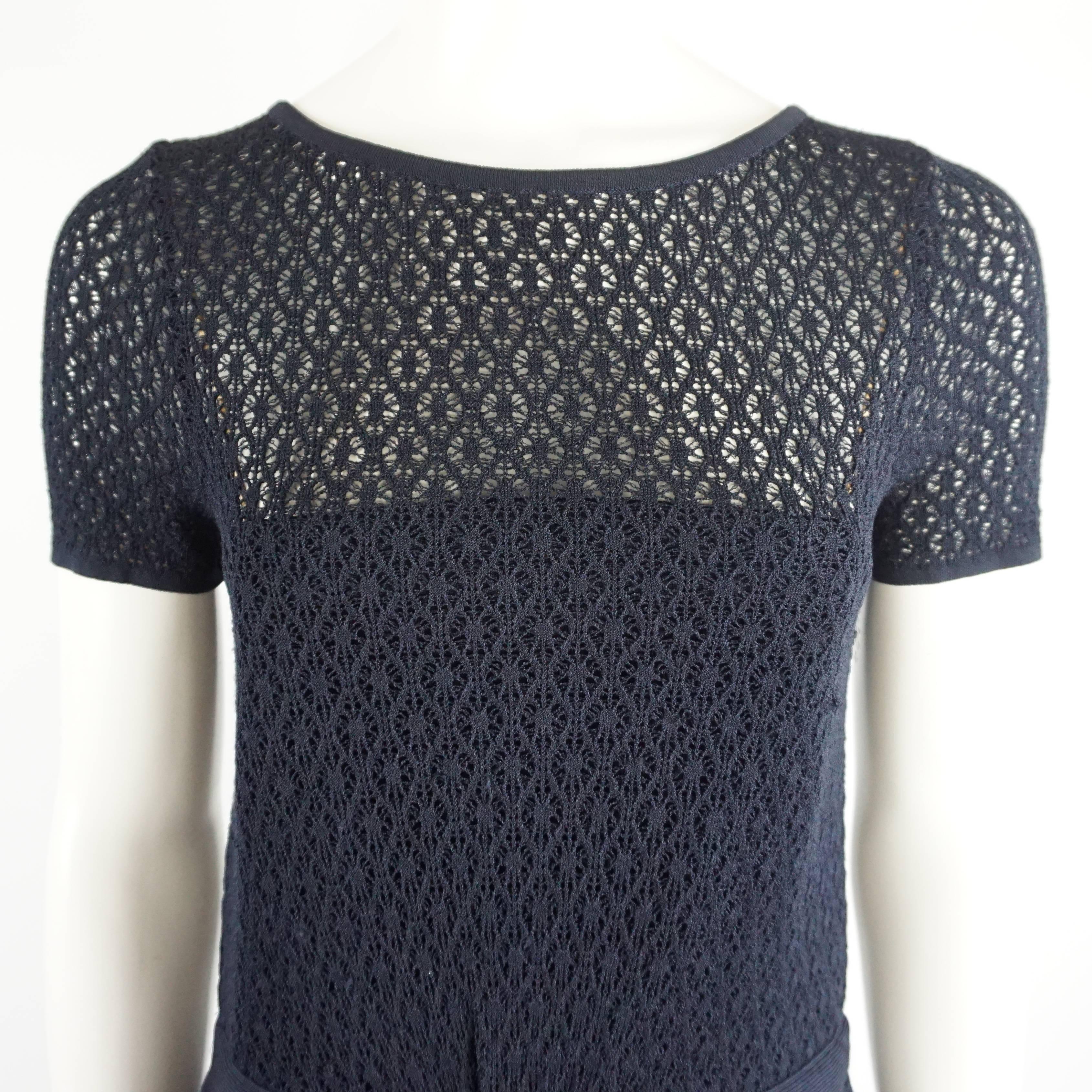 Oscar de la Renta Navy Knit Short Sleeve Dress - L In Excellent Condition In West Palm Beach, FL