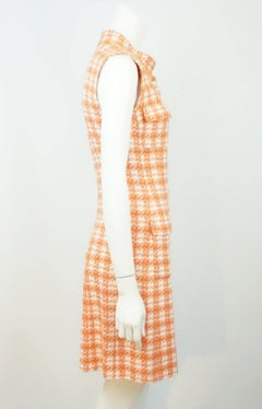 Chanel Coral and White Plaid Tweed Sleeveless Dress with Pearl Buttons-36-01P
