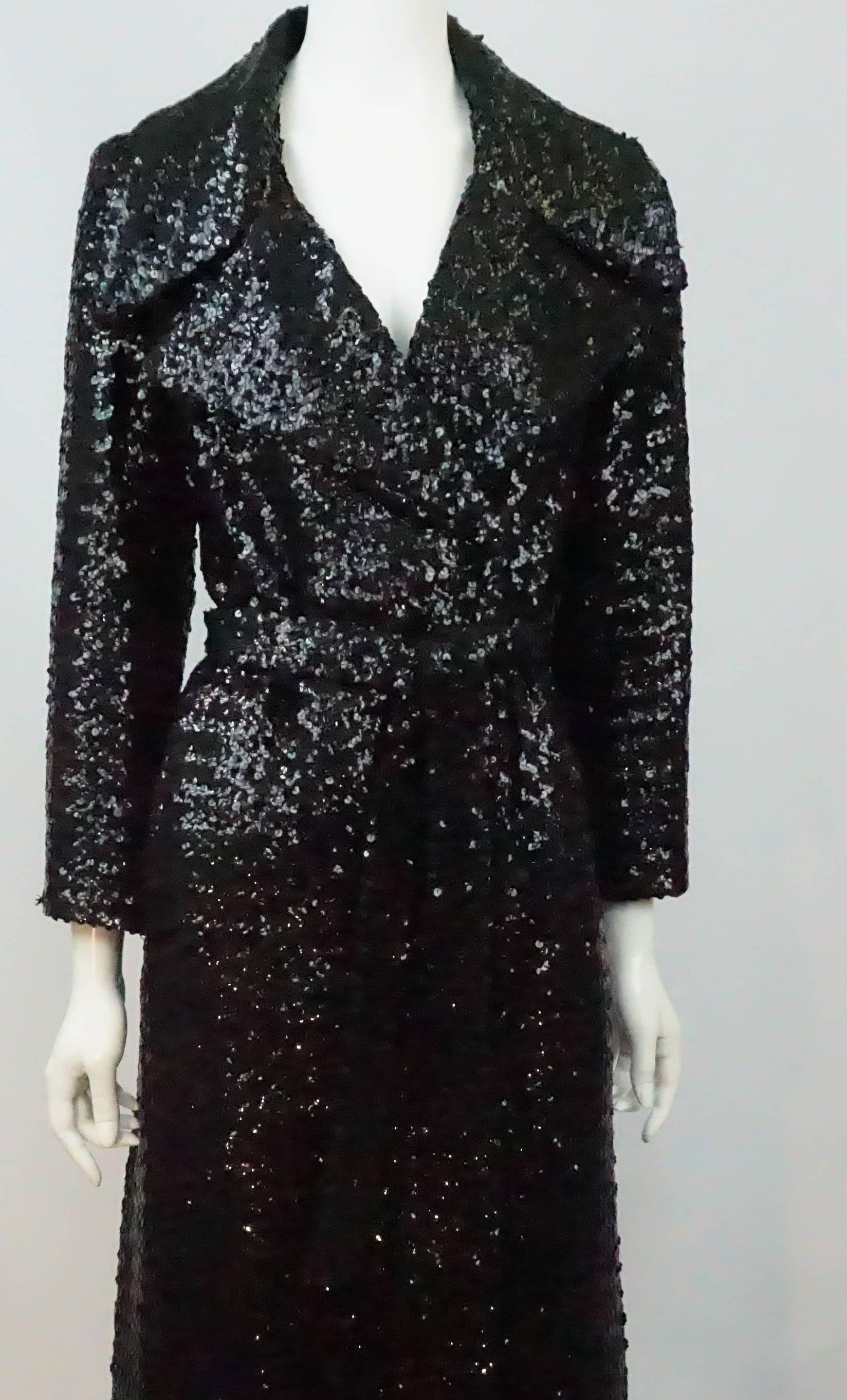 Vintage Black Sequin Full Length Trench Coat - M - Circa 70's In Good Condition In West Palm Beach, FL