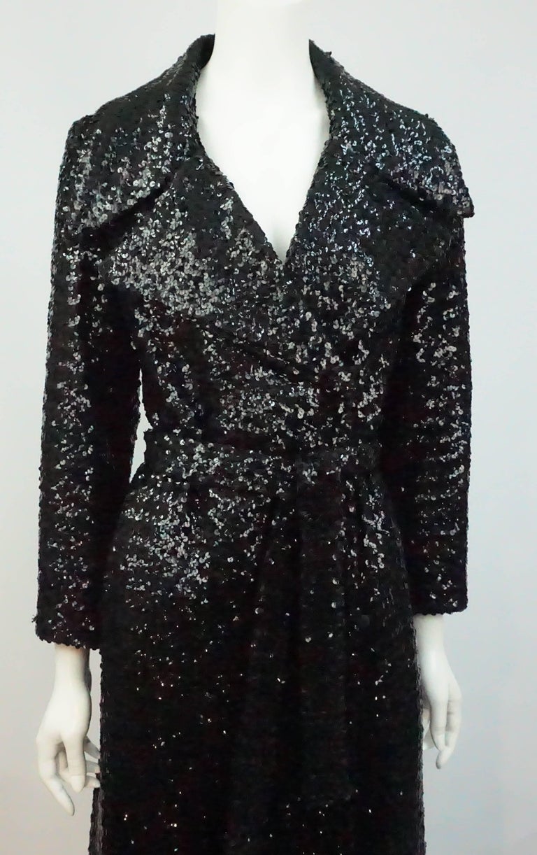 XS 1970s Black Sequin Trench Coat