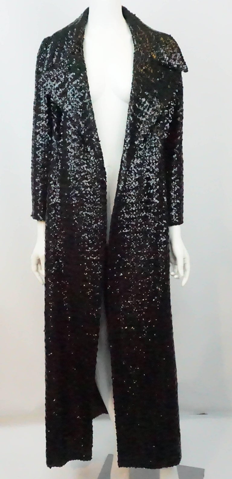Vintage Black Sequin Full Length Trench Coat M Circa 70's For