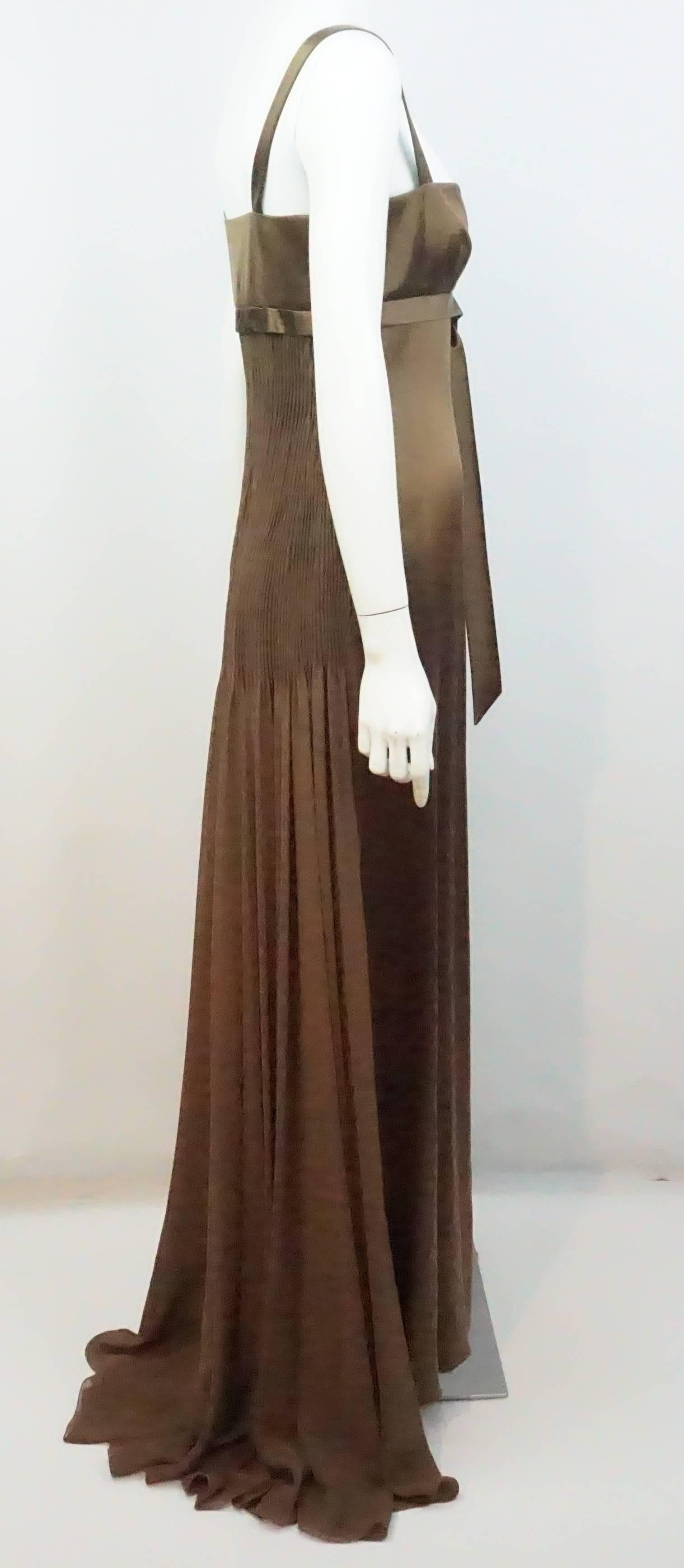Valentino Brown Silk Gown - 10  This spectacular Brown Silk and Silk chiffon gown has one inch straps, is fitted at the bust with a center slit , it has a tie detail just under the bustline and then is straight with a front slit that is 28.5