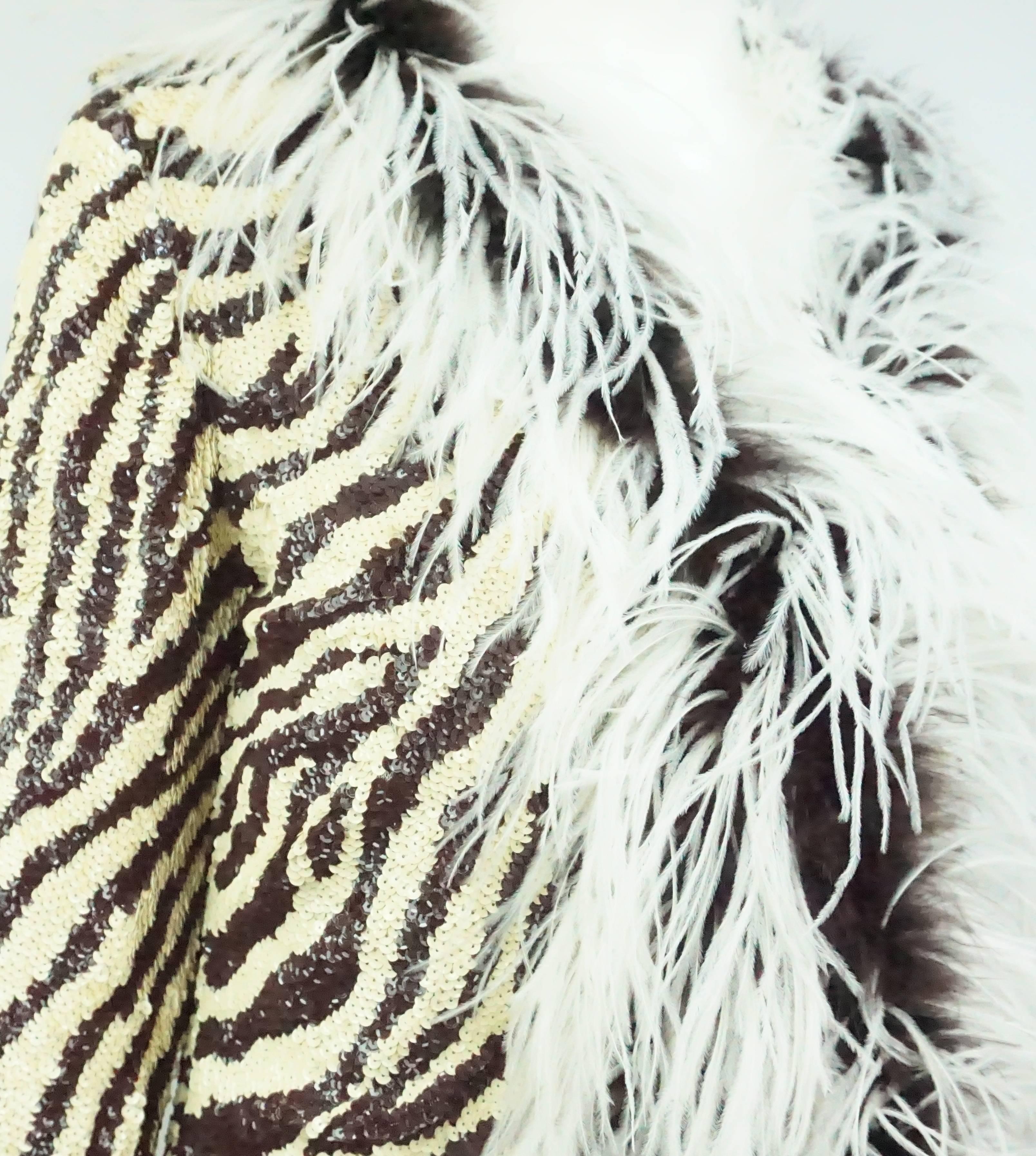 Gray Valentino Animal Print Sequin Silk Jacket with Maribou Trim - M
