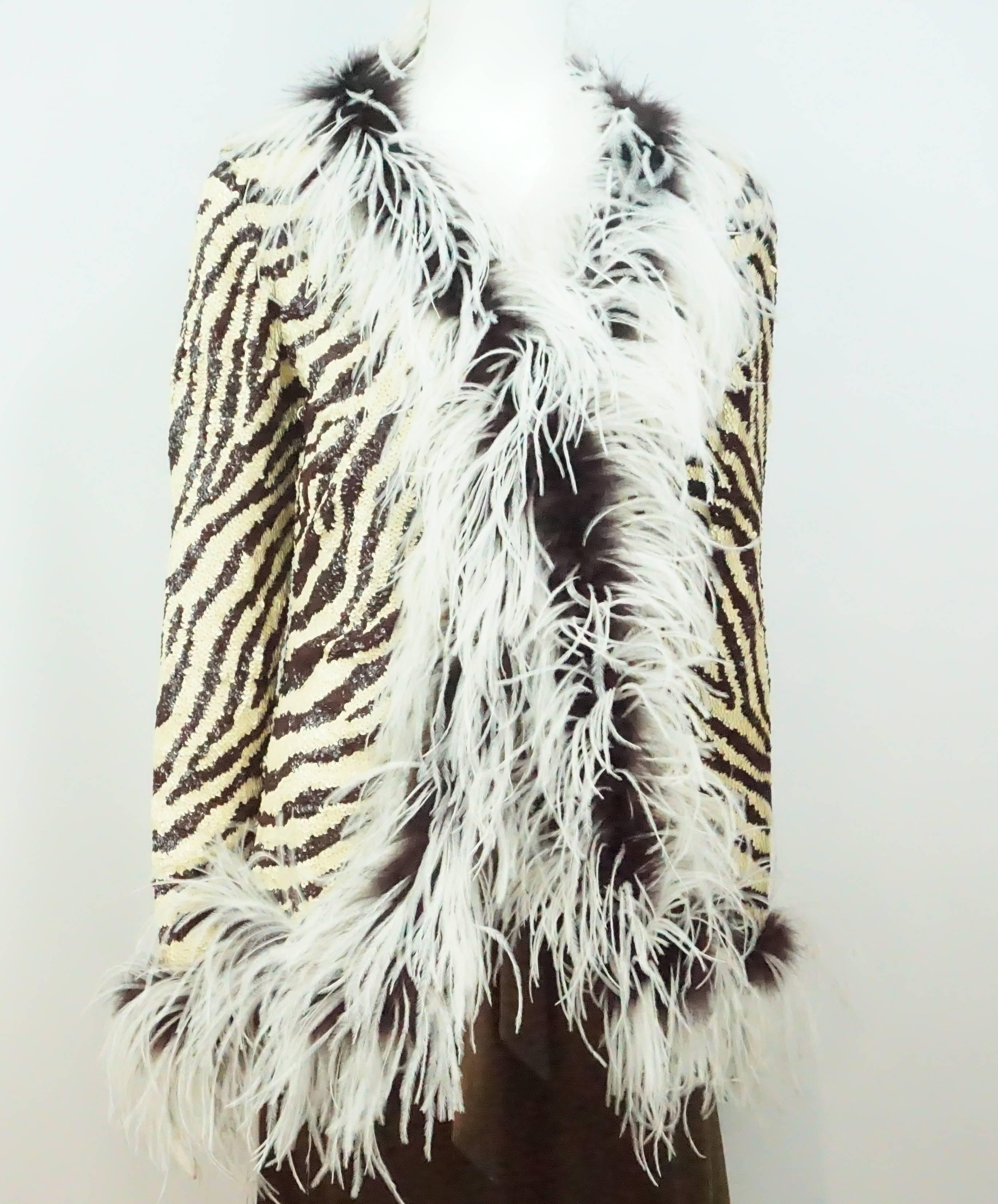 Valentino Animal Print Sequin Silk Jacket with Maribou Trim - M In Excellent Condition In West Palm Beach, FL
