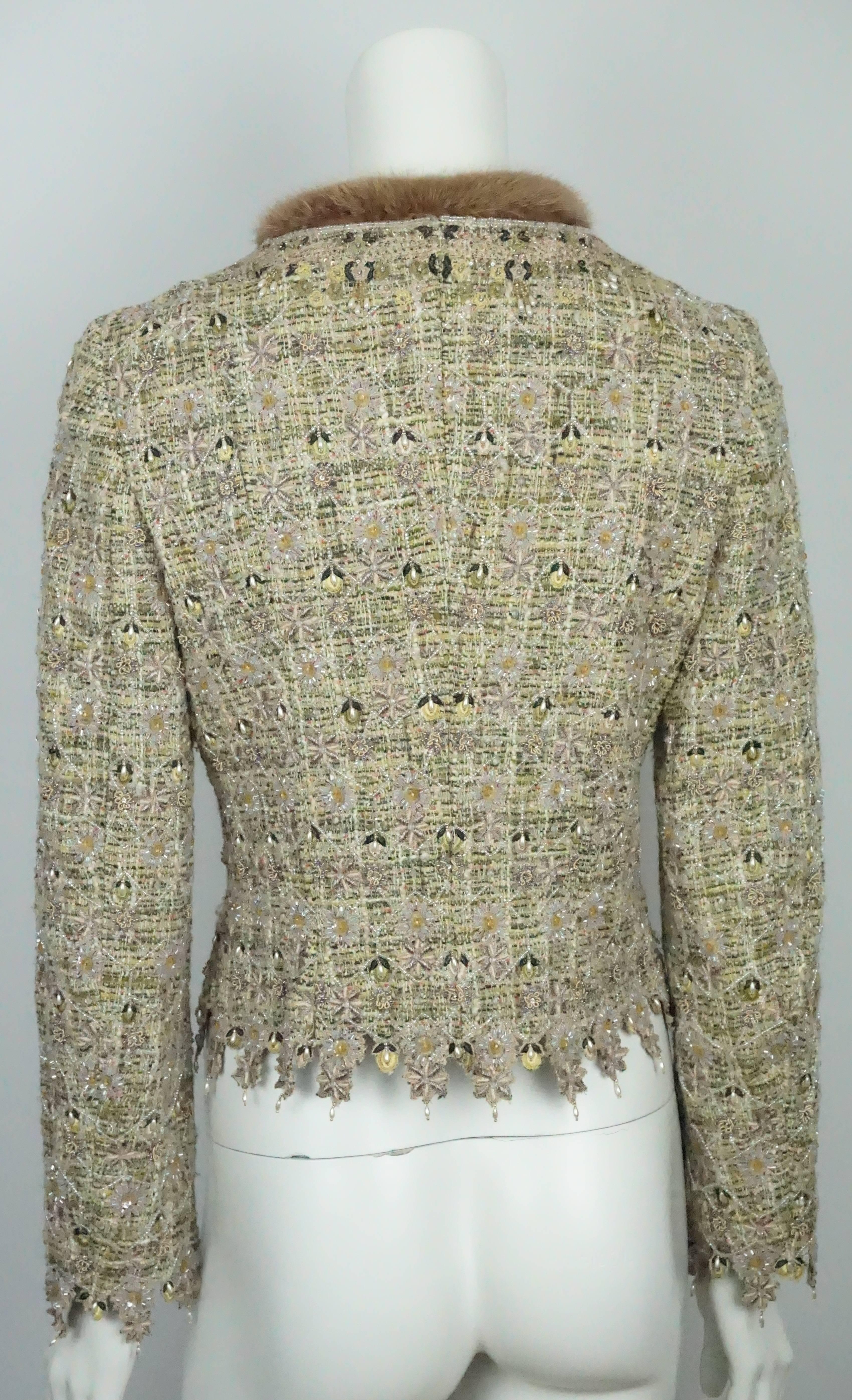 Brown Rena Lange Pastel Embroidered and Beaded Embellished Jacket w/ fur collar- 42