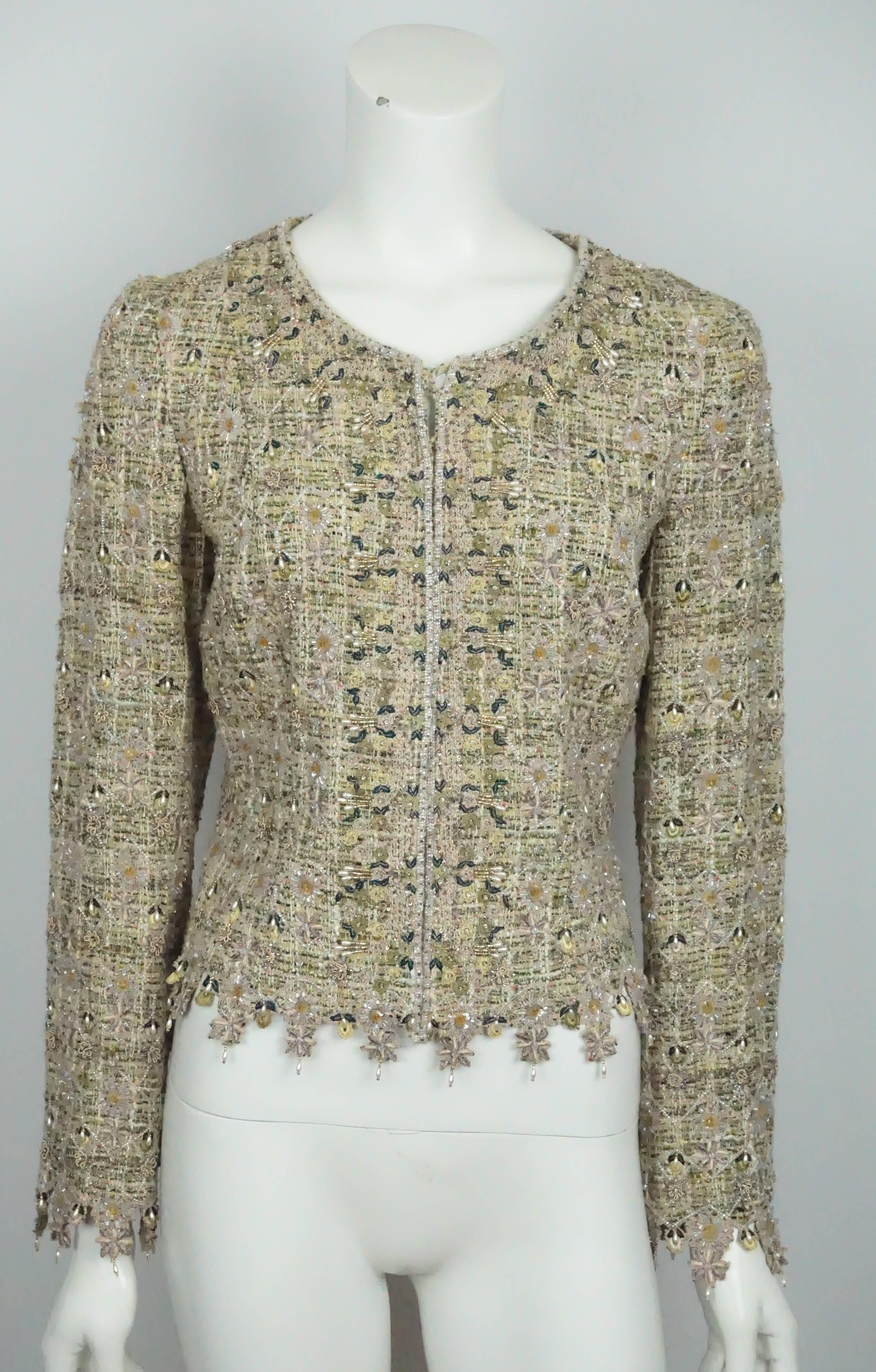 Rena Lange Pastel Embroidered and Beaded Embellished Jacket w/ fur collar- 42 1