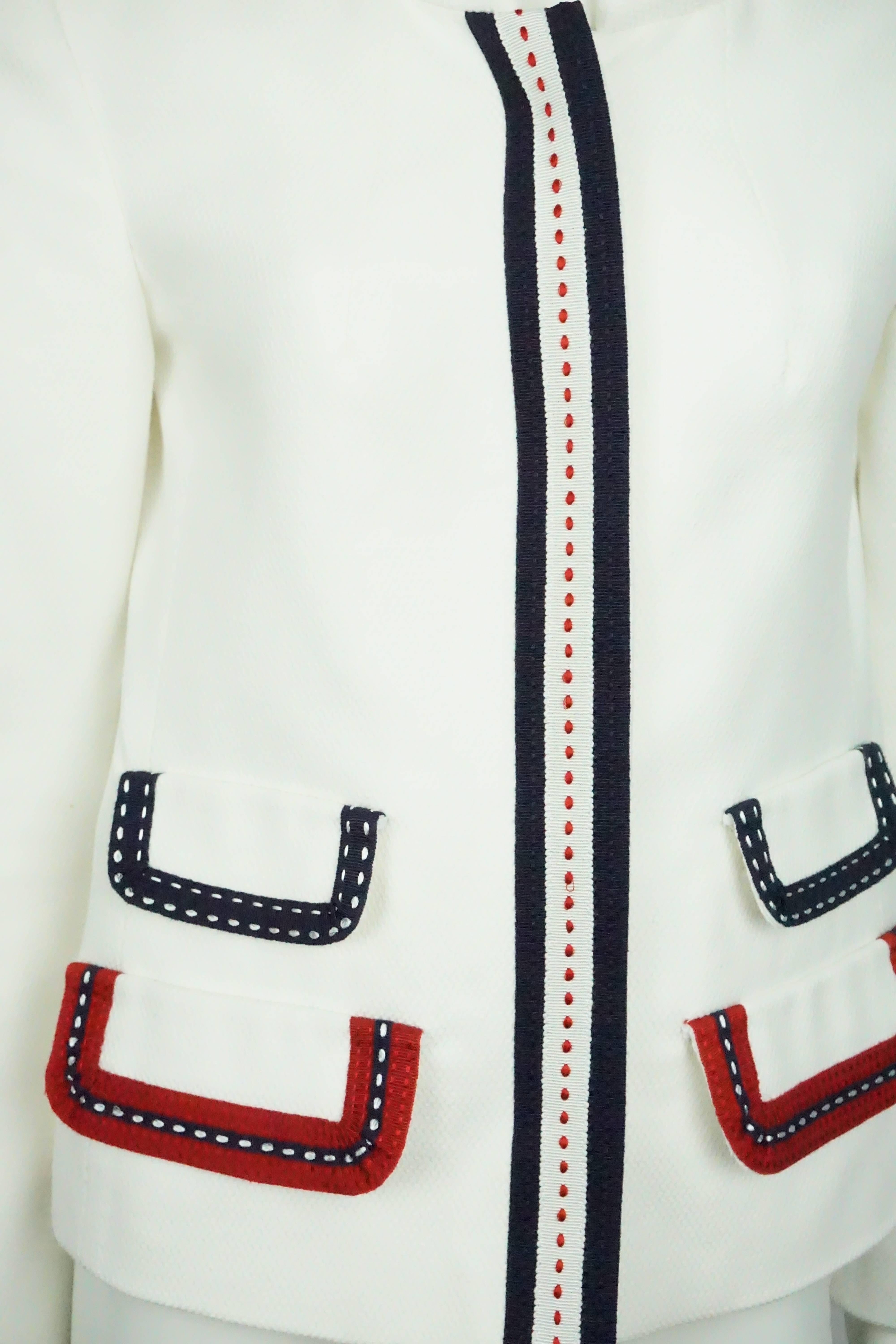 Women's D & G White Cotton Jacket w/ Red/White/Blue Stitched Ribbon Trim - 42