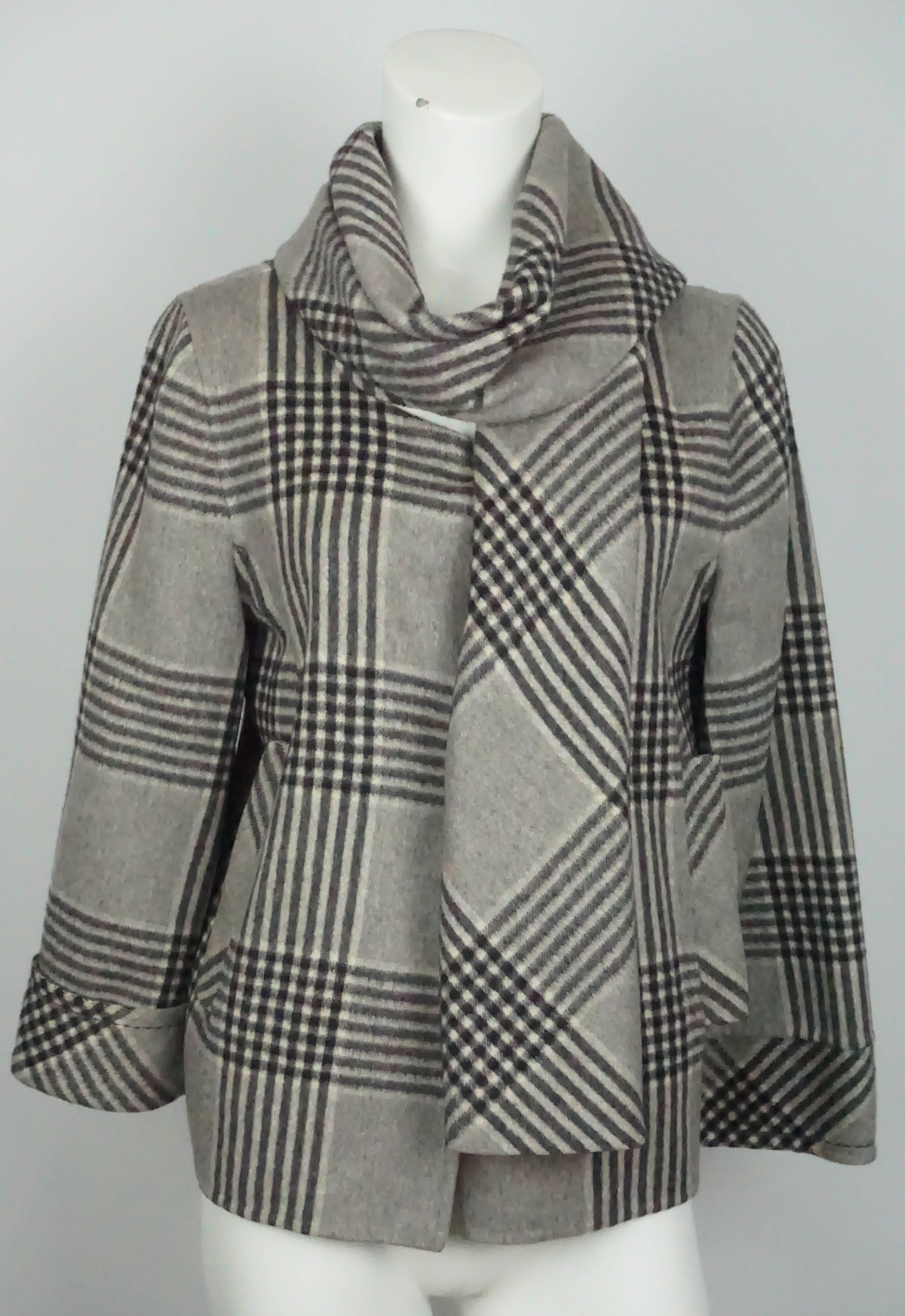 Oscar De La Renta Grey Window Pane Double Face Camel and Persian Wool Jacket - 8    This spectacular jacket is so incredibly chic. It has a window pane print in grey, It has 2 hidden snaps at the neckline and an attached 12' scarf that when worn