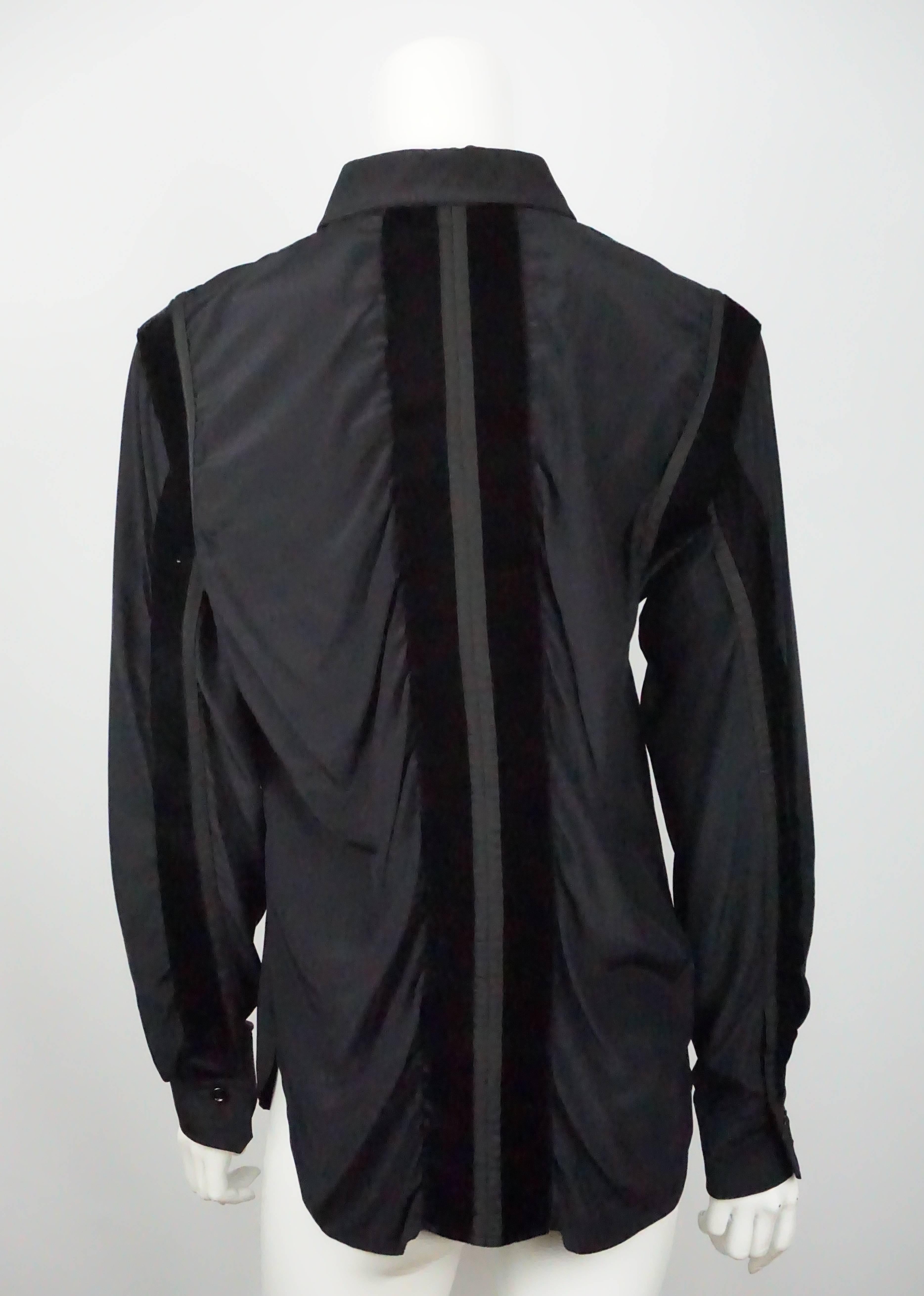 Yves Saint Laurent Rive Gauche Black Long Sleeve Silk with Velvet Detail Top  In Excellent Condition For Sale In West Palm Beach, FL