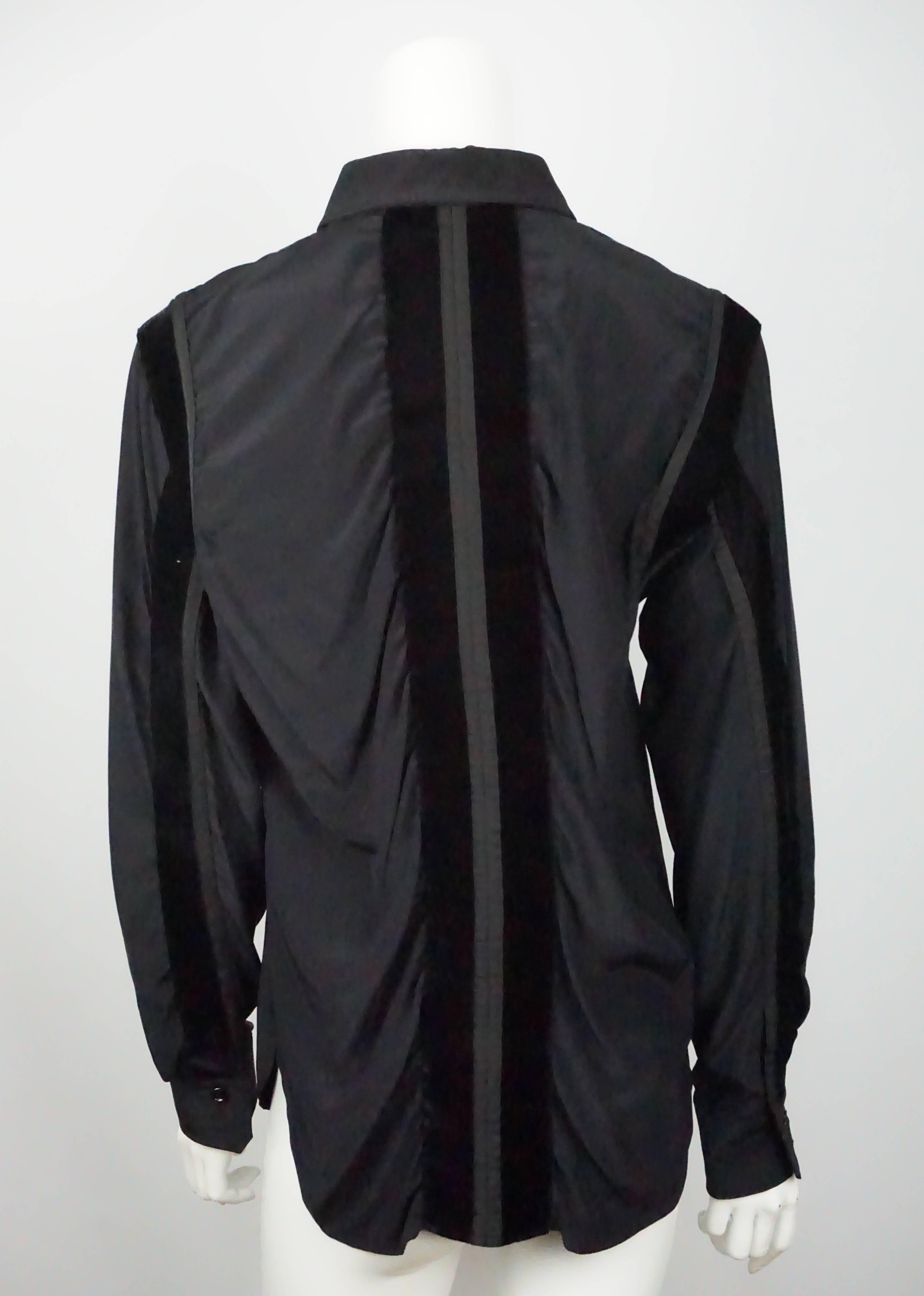 Yves Saint Laurent Rive Gauche Black Long Sleeve Silk with Velvet Detail Top In Excellent Condition For Sale In West Palm Beach, FL
