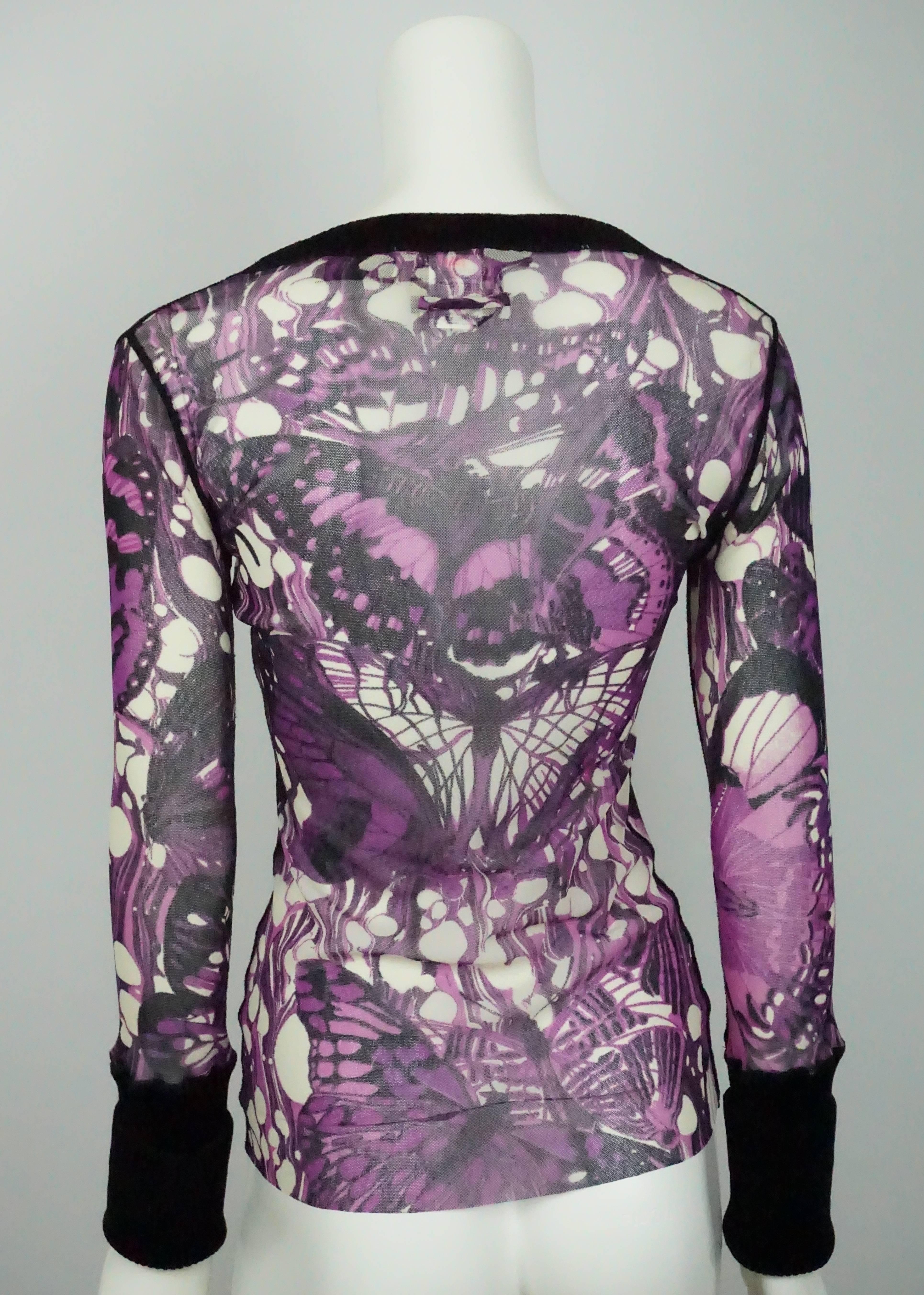 Jean Paul Gaultier Purple Print Mesh Top w/ Velvet - Large  This unique top is in excellent condition. The top has a print that consists of purple butterflies. The purple butterfly part of the top is made of a mesh material and is sheer. The collar