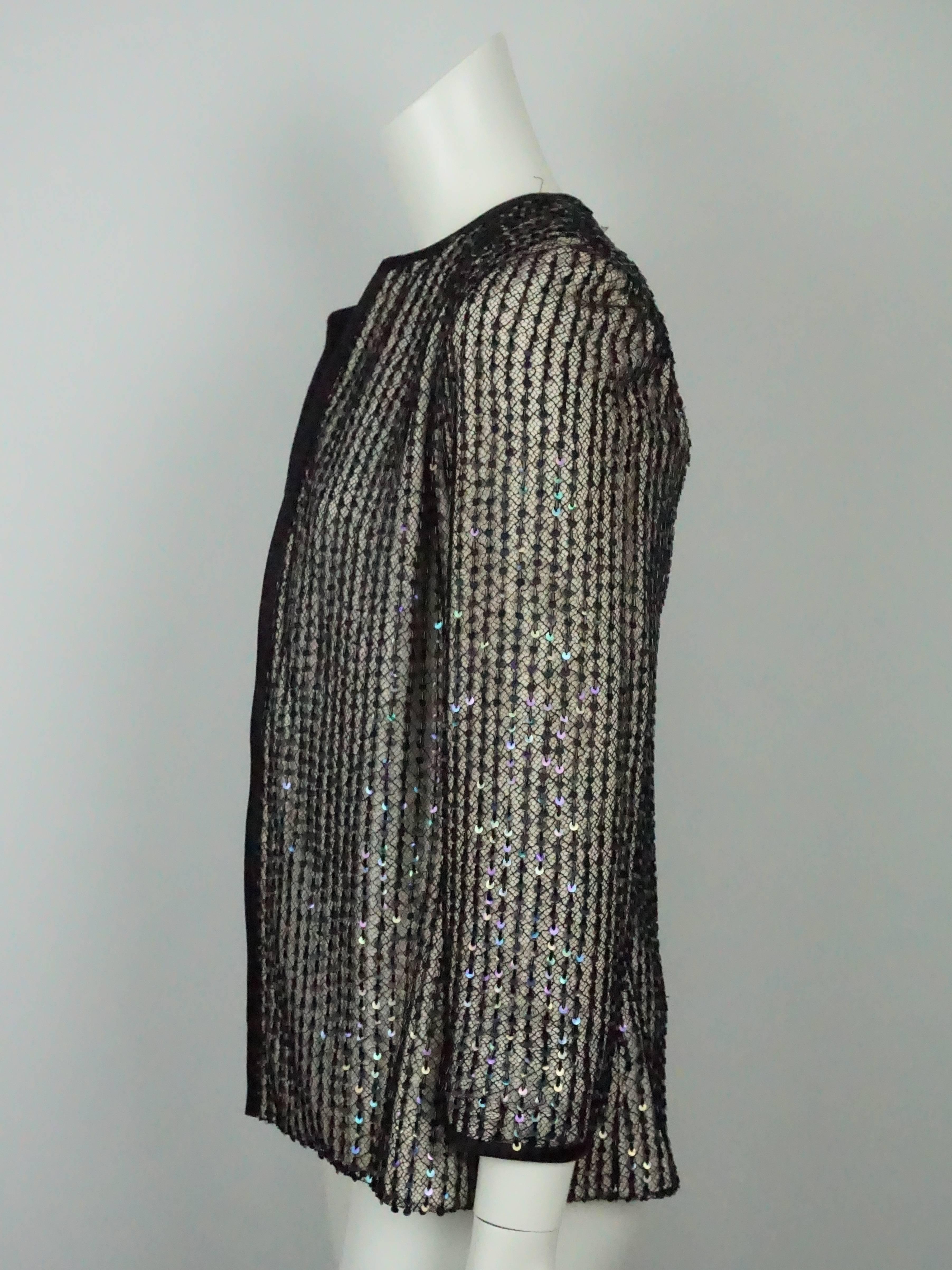 Andre Laug Black and Ivory Silk and Lace Beaded Jacket and Top-M  This very elegant vintage Jacket and Tank Top is fully lined in silk. The jacket is a black lace and is fully covered in bugle beads and sequins. It has a black satin piping and has a