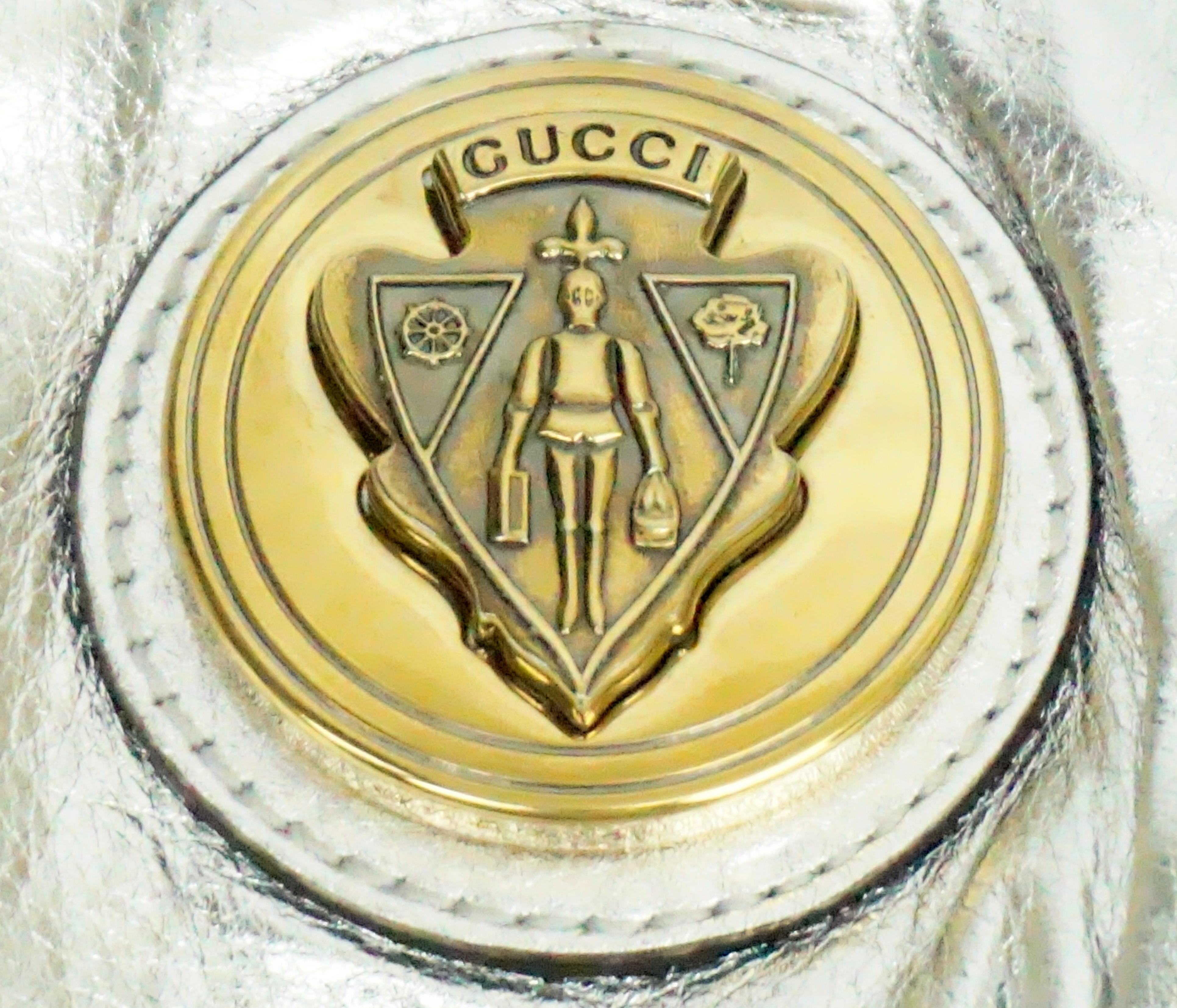 Gucci Silver Metallic Leather Clutch with Gold Emblem 1