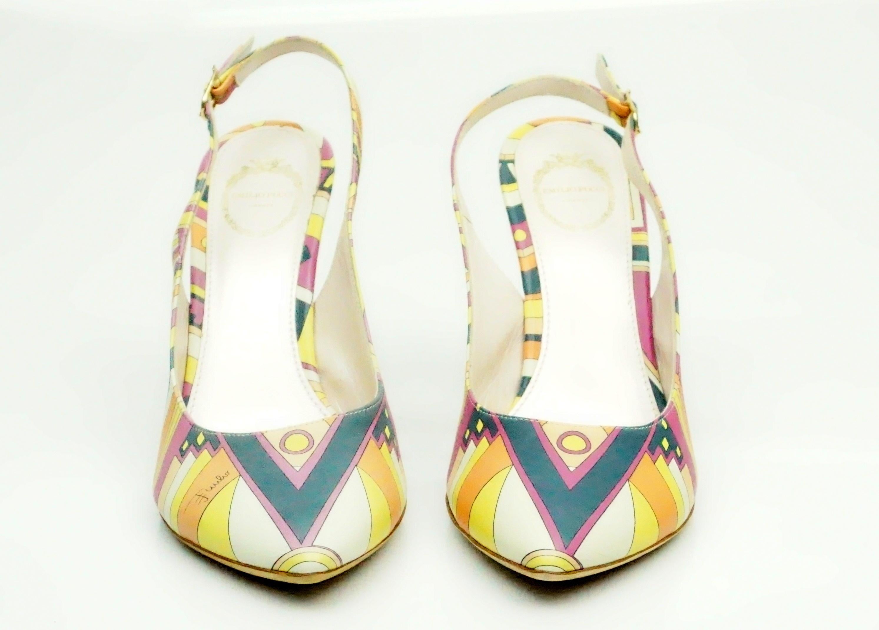 Emilio Pucci Multi Printed Leather Slingbacks - 36 In Excellent Condition In West Palm Beach, FL