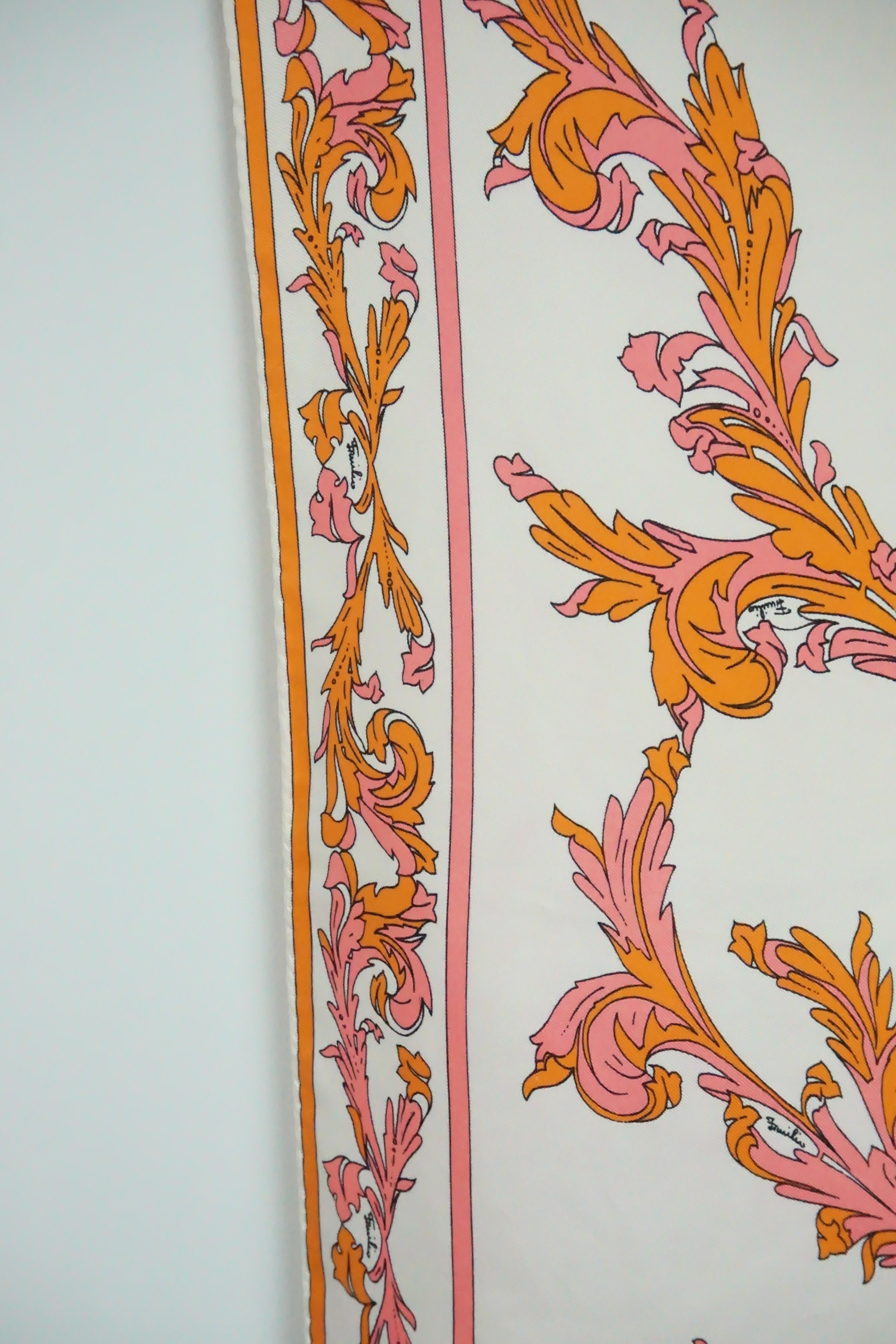 Emilio Pucci Vintage Pink and Orange Print Silk Scarf, Circa 1970s In Excellent Condition In West Palm Beach, FL