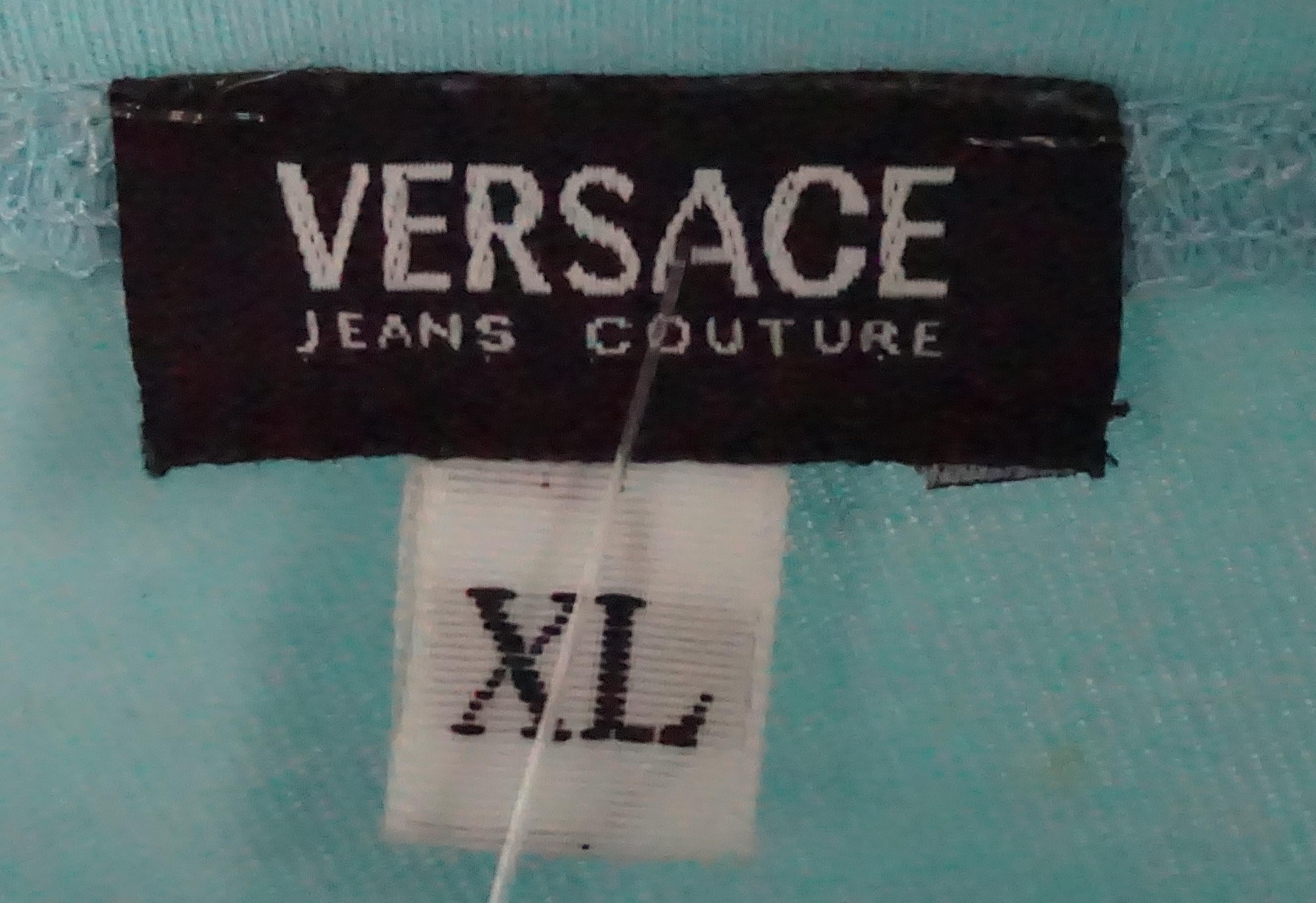 Women's or Men's Versace Jeans Couture Baby Blue Shirt w/ Beading and Tropical Print - XL