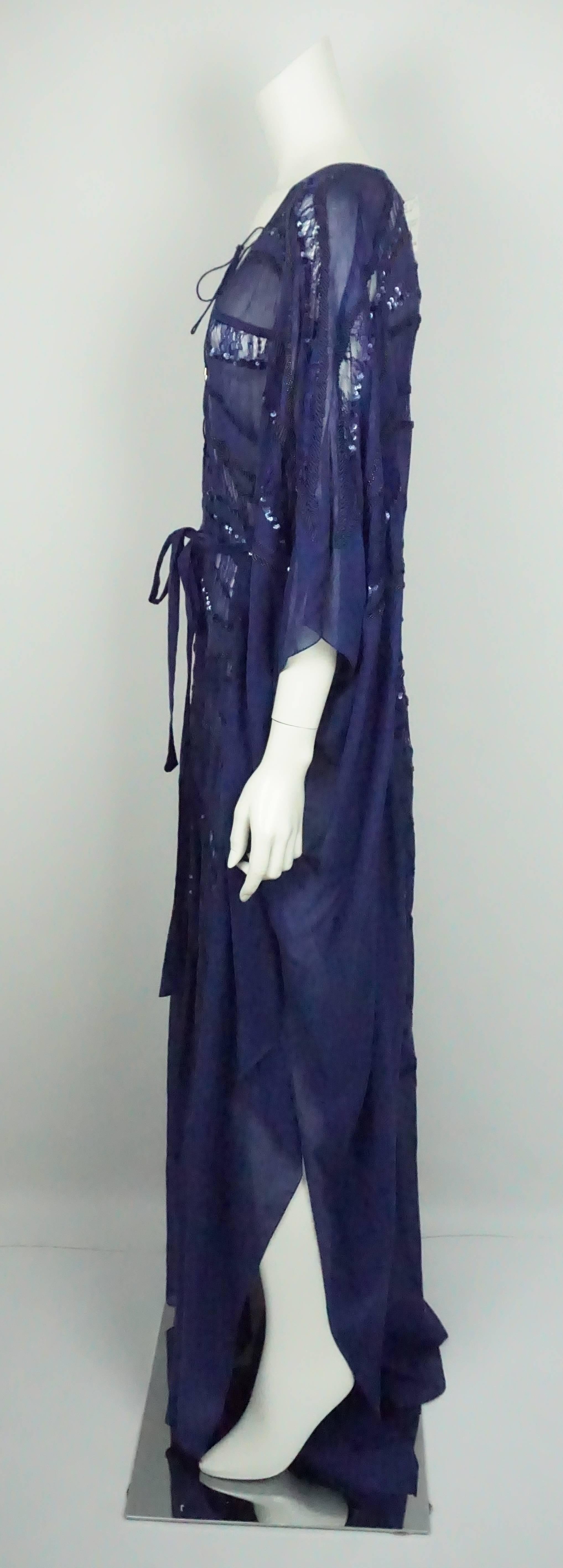 Roberto Cavalli Blue Cotton/ Silk Beaded Caftan - 38  This wonderful summer piece is in excellent condition. The caftan is completely made of cotton and silk. The caftan is sheer throughout and it contains a striped pattern of different detailing