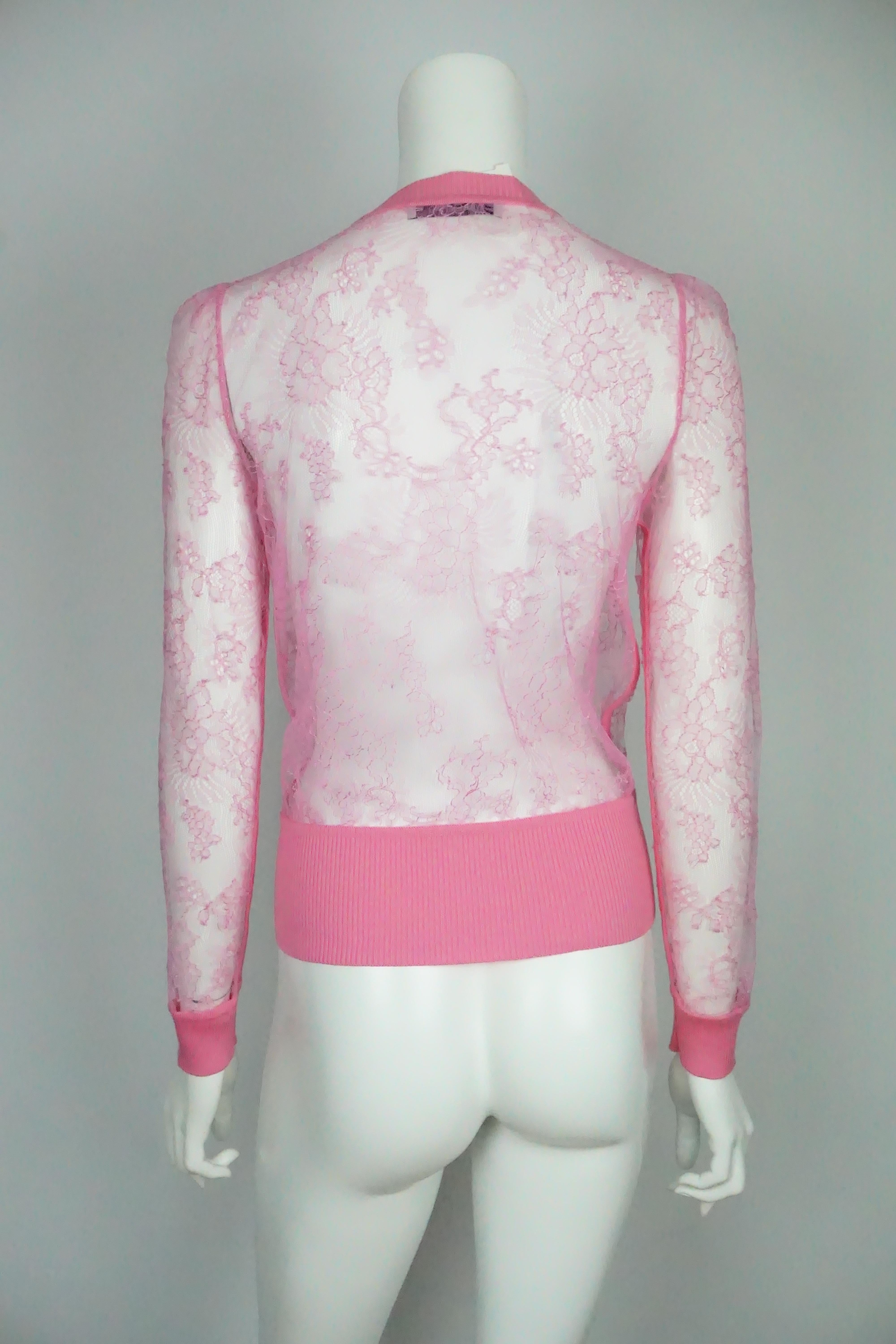 Beige Valentino Neon Pink Lace Sheer w/ Cotton Trim Cardigan - Small