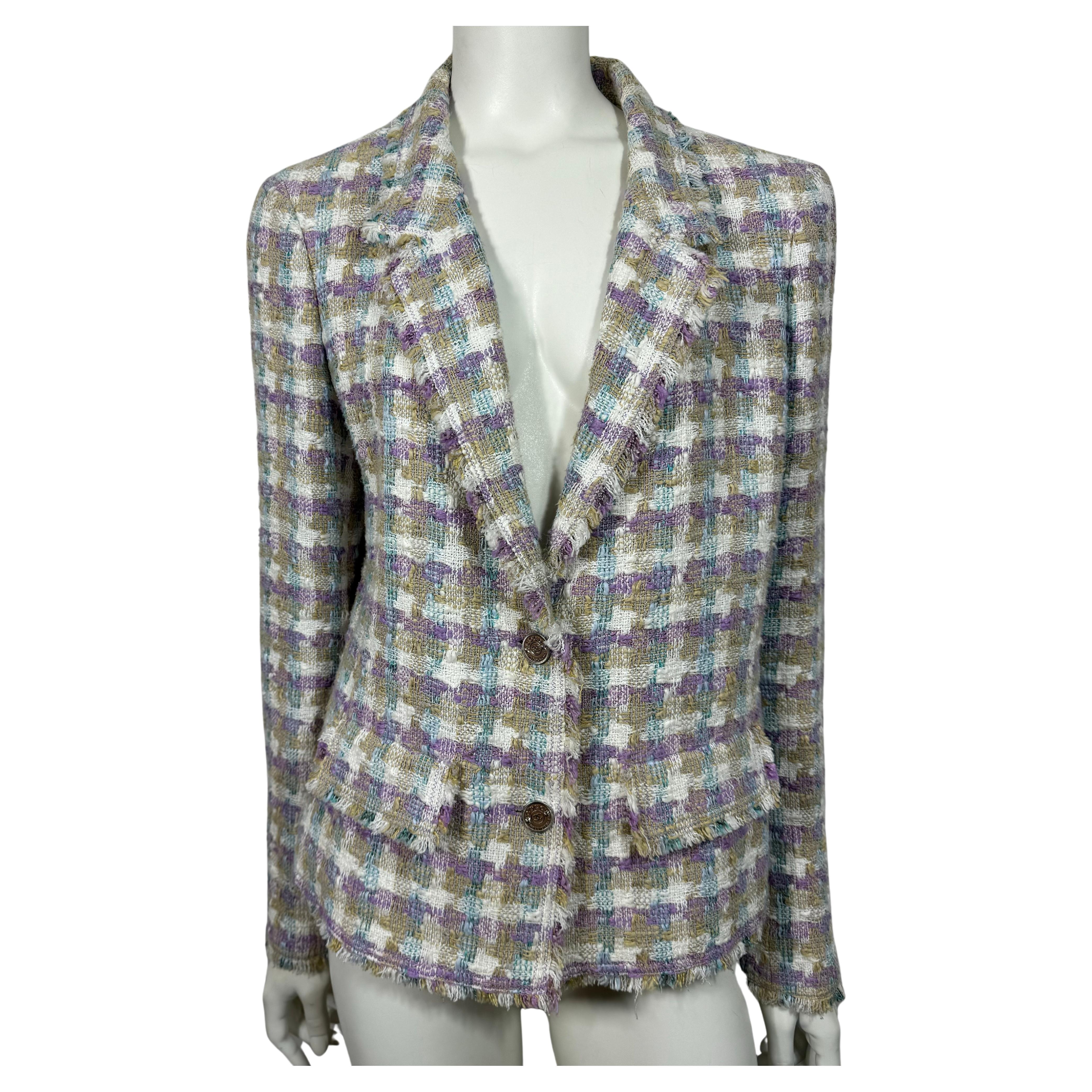 Chanel Spring 2005 Multi Pastel Tweed Single Breasted Jacket - Taille 44 en vente