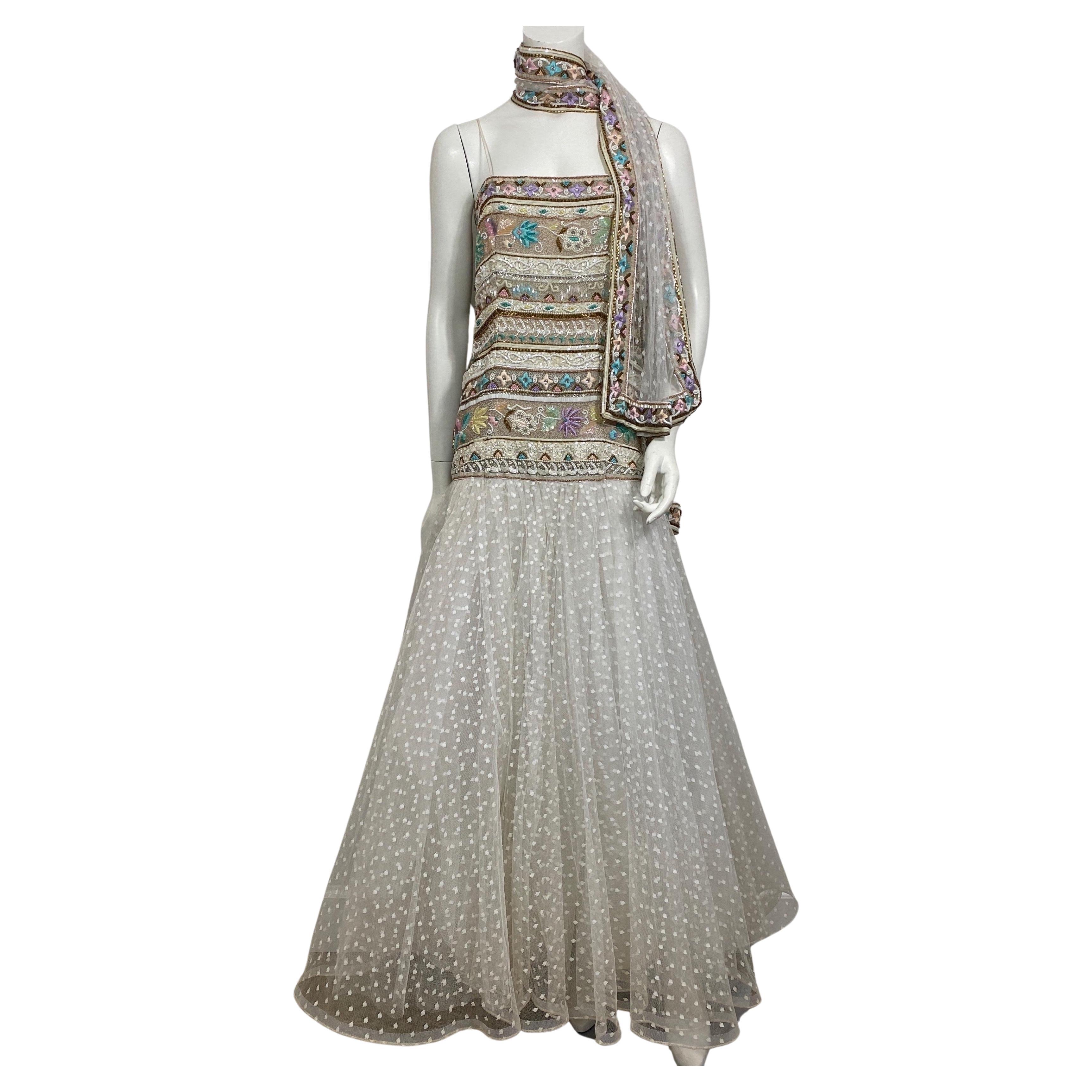 Richilene 1980's Winter White and Pastel Heavily Beaded Point D'Esprit Gown-12