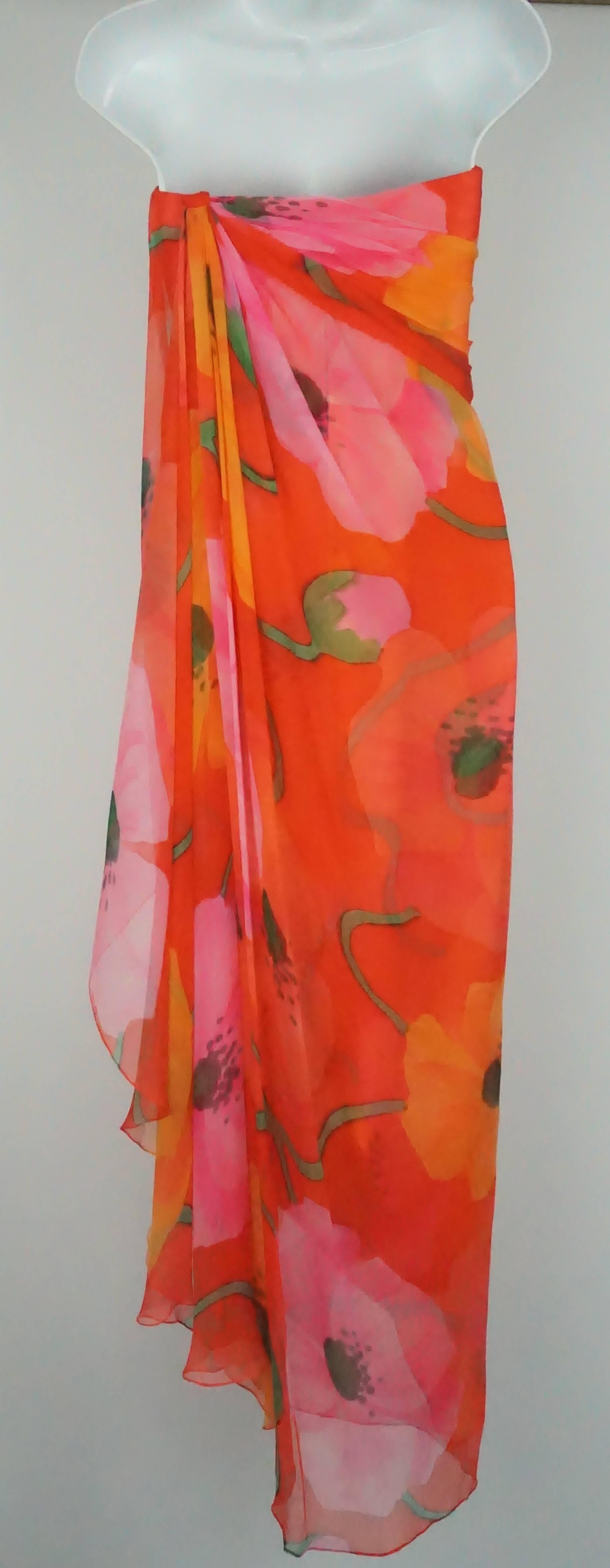 Bob Mackie Couture Red Print Silk Chiffon Gown, Circa 1990s In Excellent Condition For Sale In West Palm Beach, FL