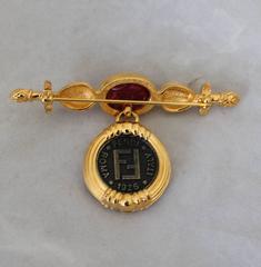1980s Vintage Fendi Cabochon and Double Janus Head Coin Goldtone Pin